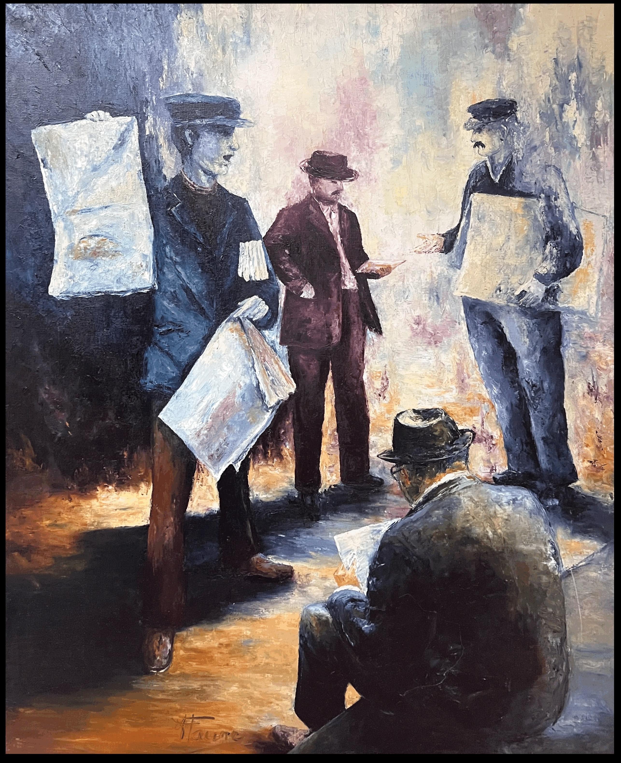 Newspaper Vendors Busy Street Scene Large 20th Century French Oil Painting For Sale 1