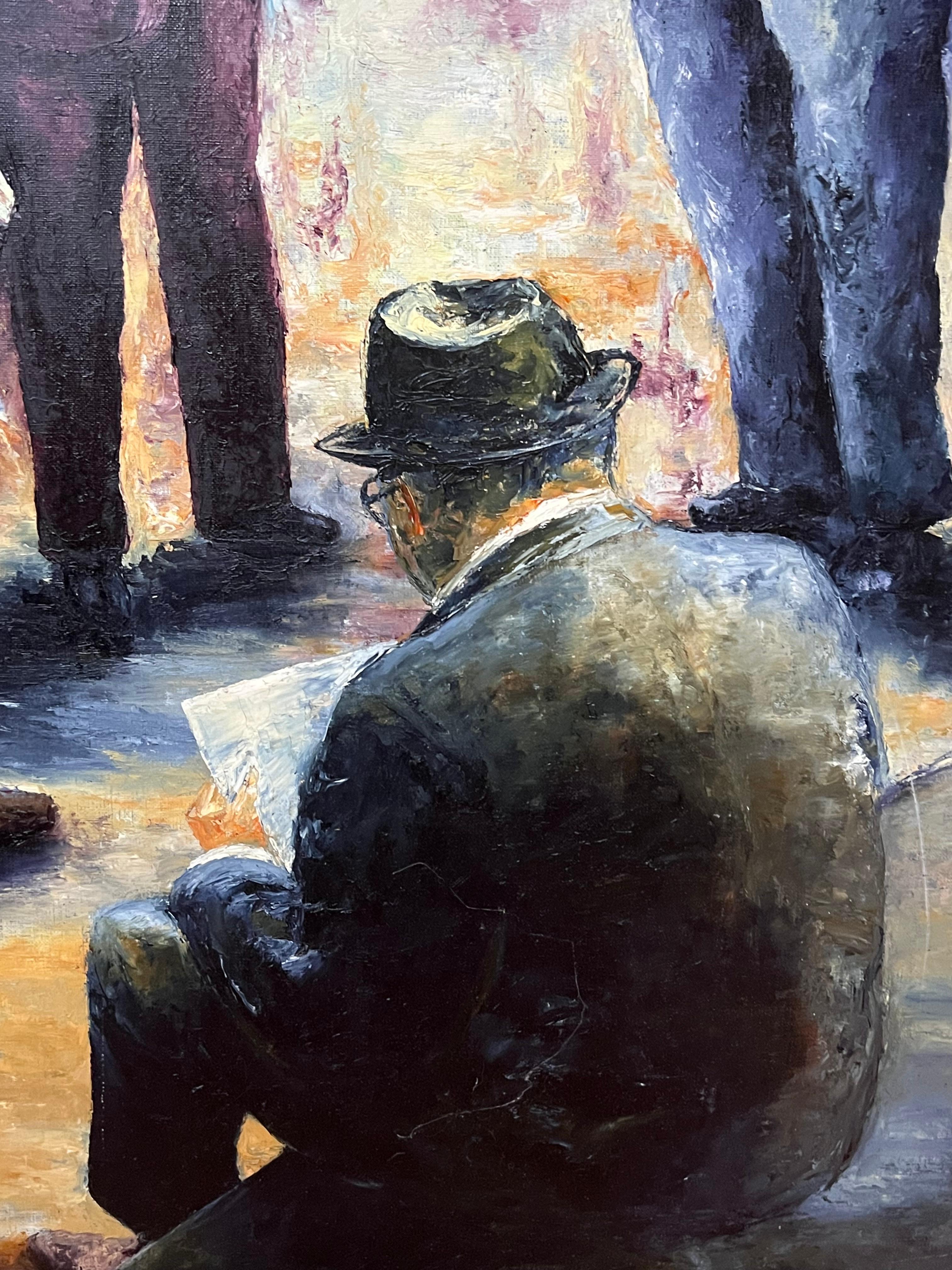 Newspaper Vendors Busy Street Scene Large 20th Century French Oil Painting For Sale 2