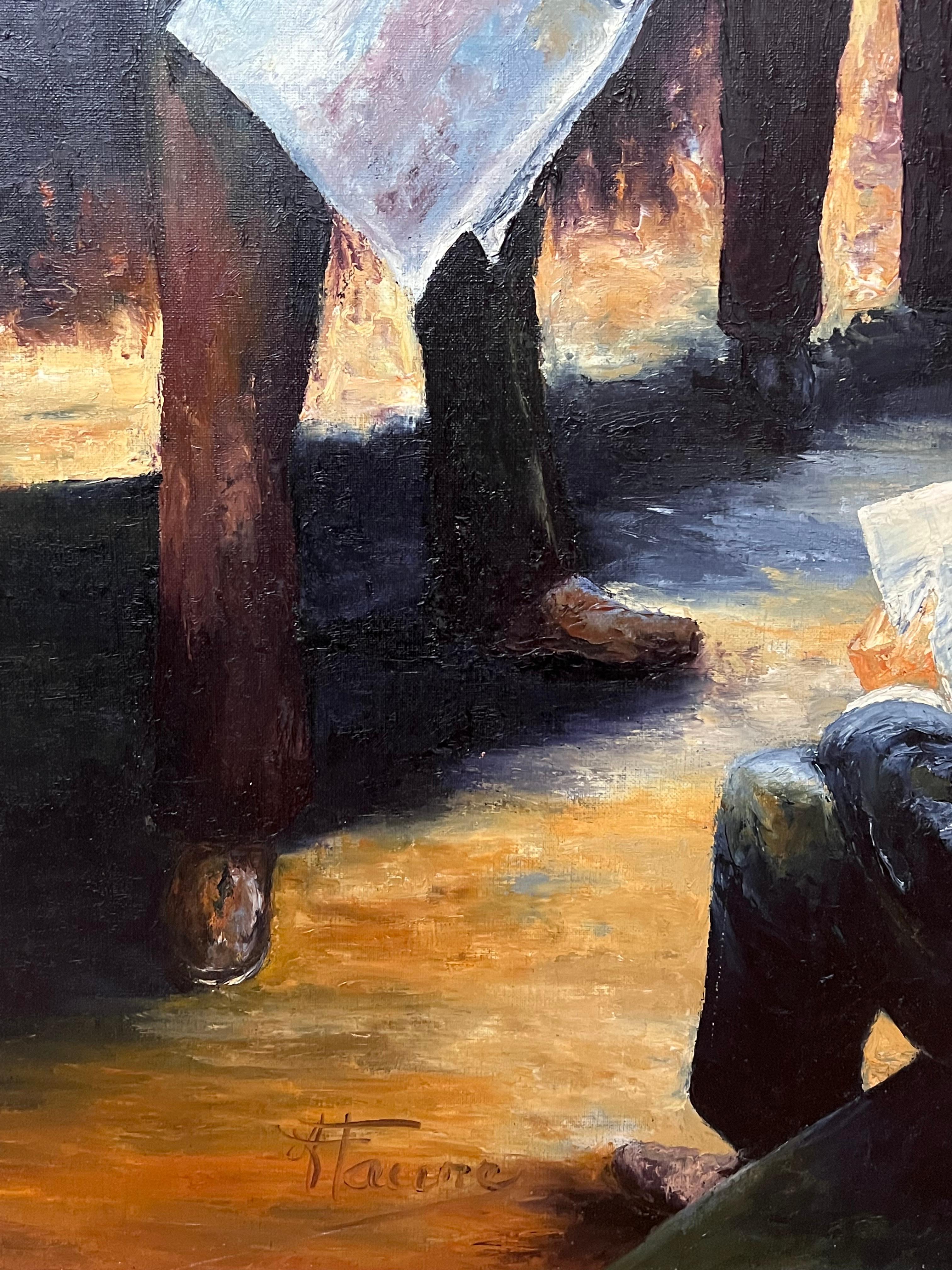Newspaper Vendors Busy Street Scene Large 20th Century French Oil Painting For Sale 4