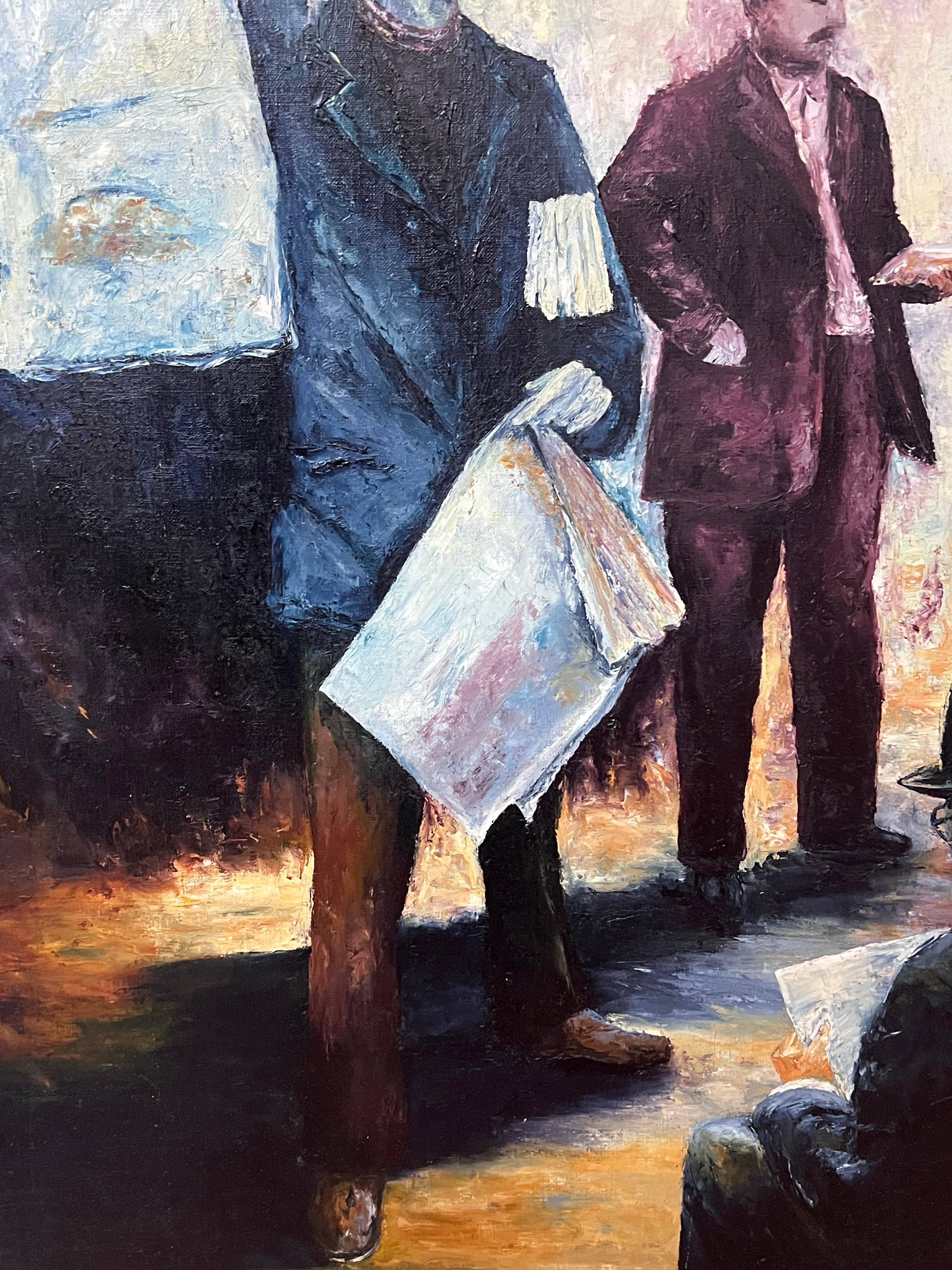 Newspaper Vendors Busy Street Scene Large 20th Century French Oil Painting For Sale 5