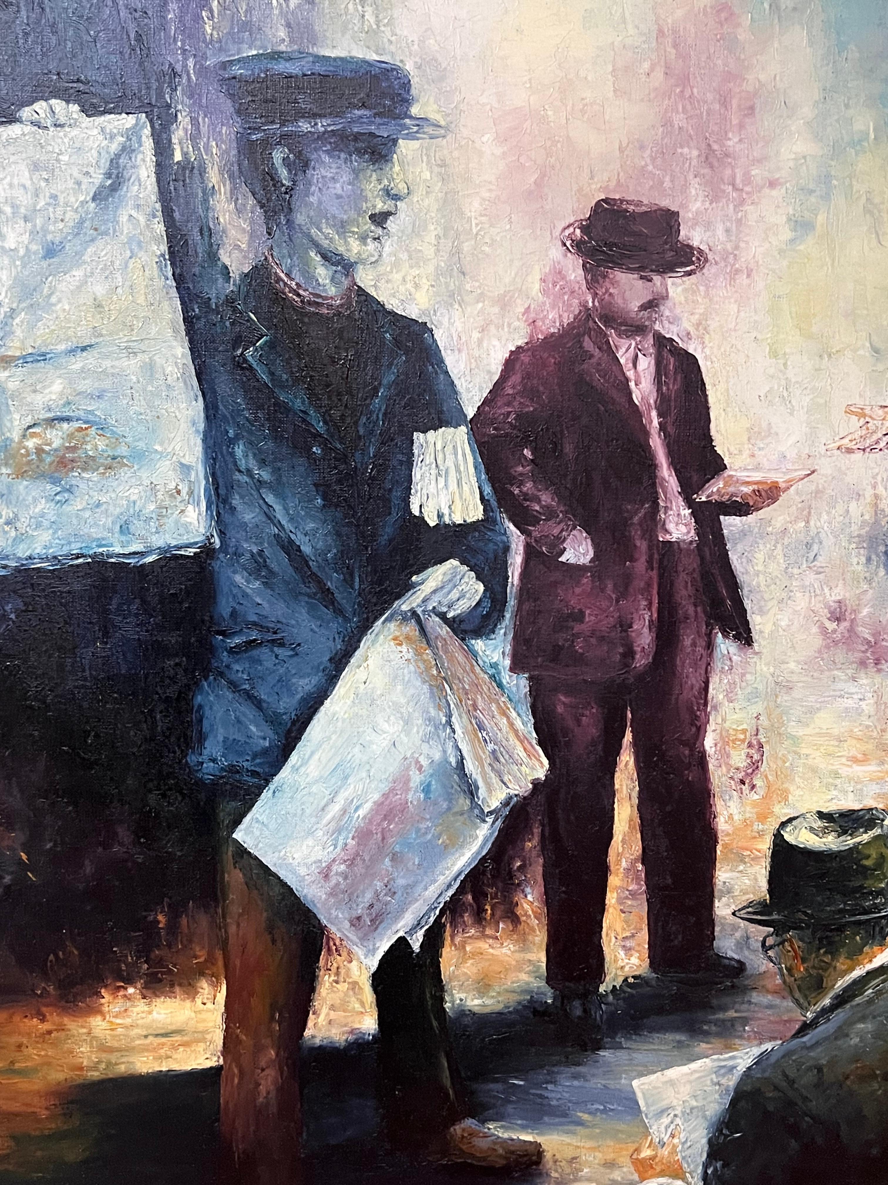 Newspaper Vendors Busy Street Scene Large 20th Century French Oil Painting For Sale 6