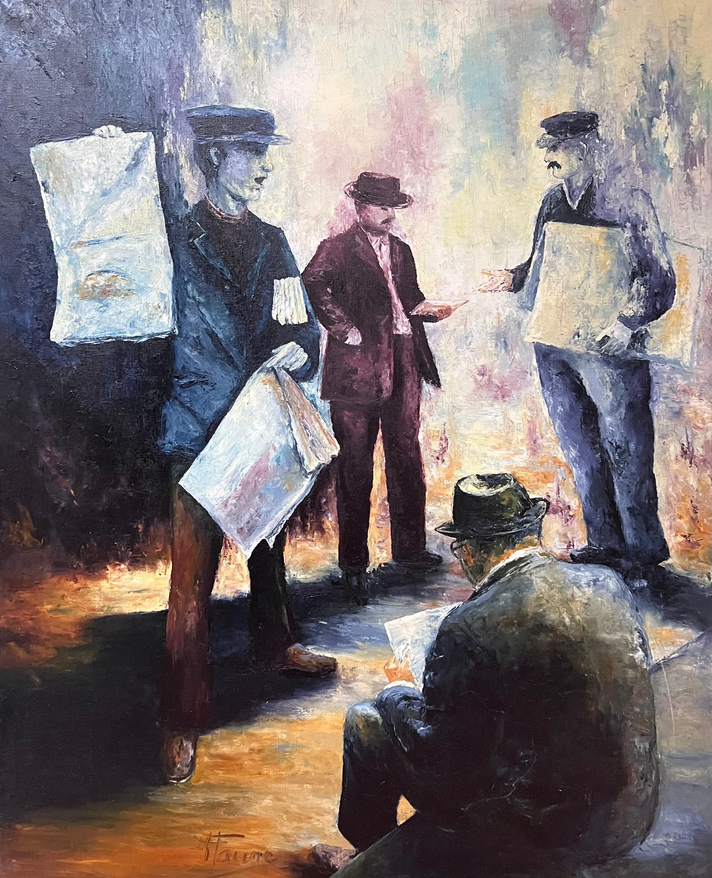 Zeitungsständer, Busy Street Scene, großes französisches Ölgemälde des 20. Jahrhunderts