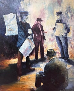 Zeitungsständer, Busy Street Scene, großes französisches Ölgemälde des 20. Jahrhunderts