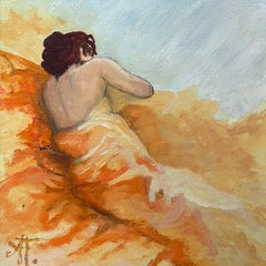 Nude Woman in Robe In Sunlit Orange Setting 20th Century Framed French Oil