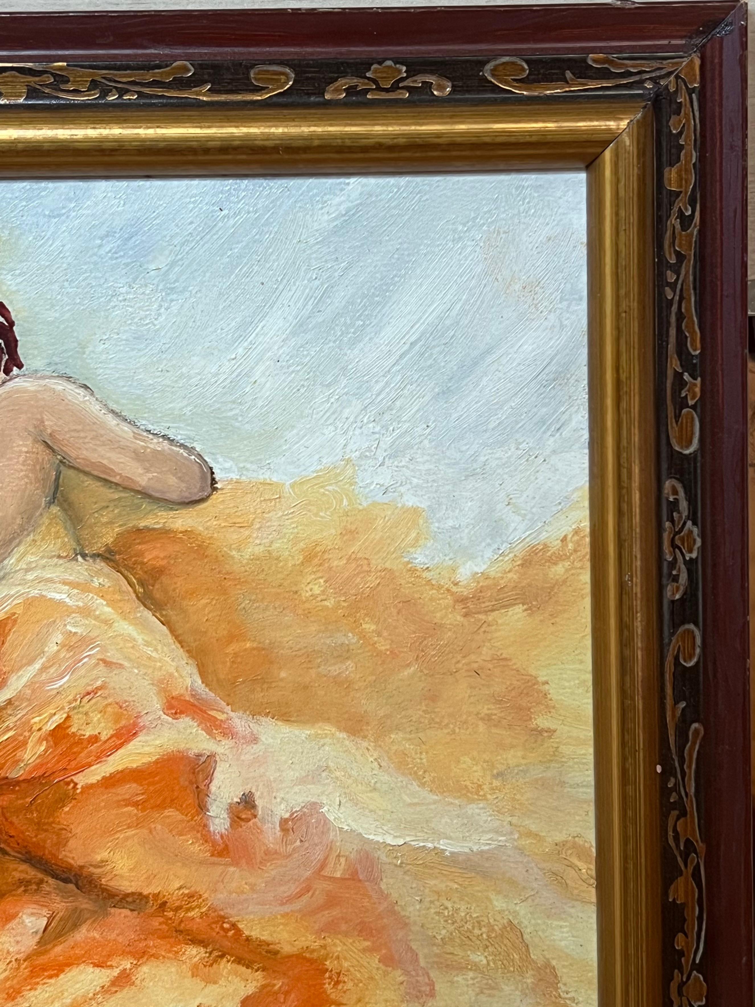 Nude Woman in Robe In Sunlit Orange Setting 20th Century Framed French Oil - French School Painting by Annie Faure