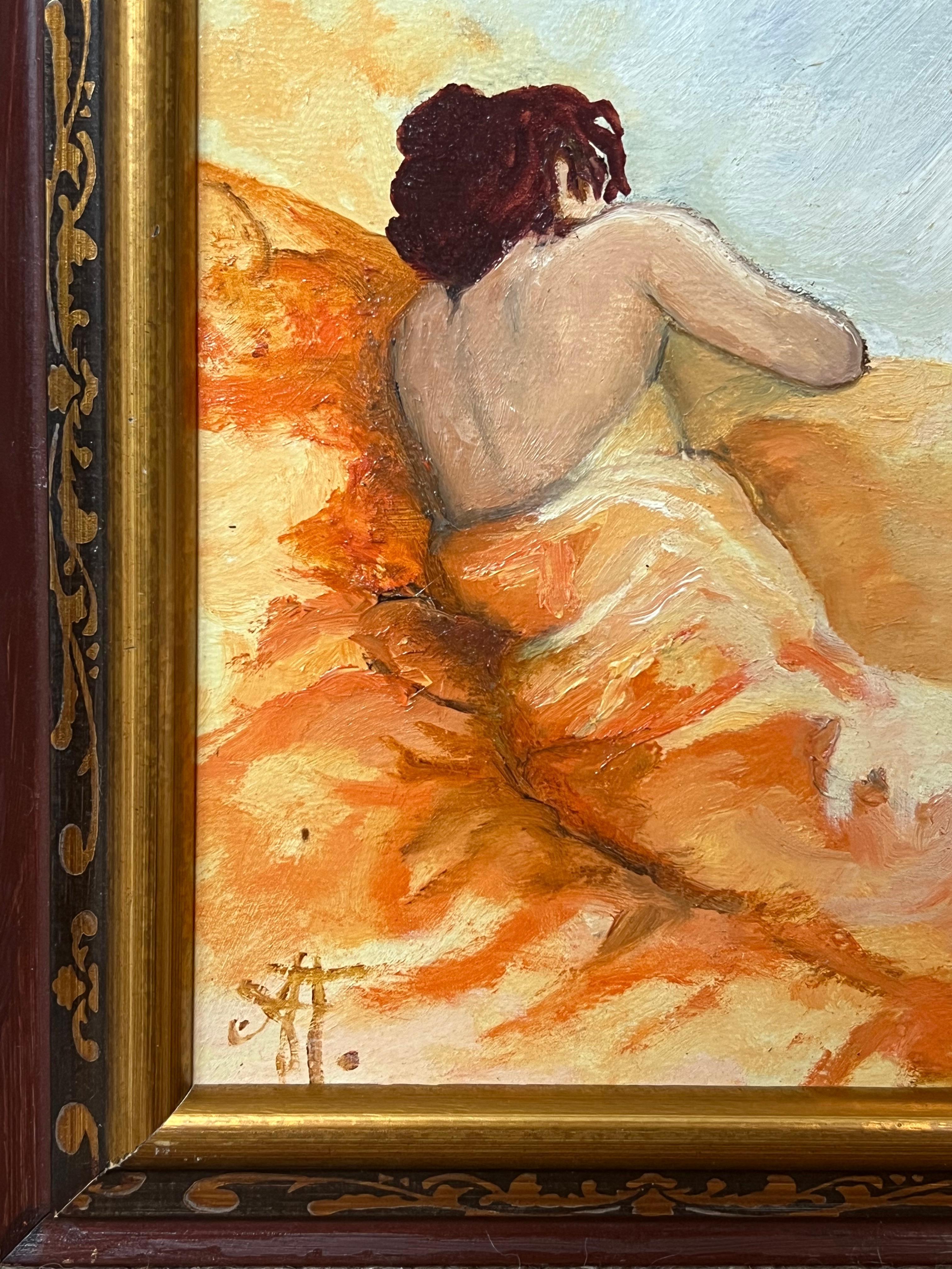 Sunset Nude Painting
by Annie Faure (French 1940-2021)
signed lower corner
oil painting on board, framed
framed: 7.5 x 7.5 inches
board size: 6 x 6 inches
condition: overall very good, minor surface scuffs from previous storage
provenance: from the