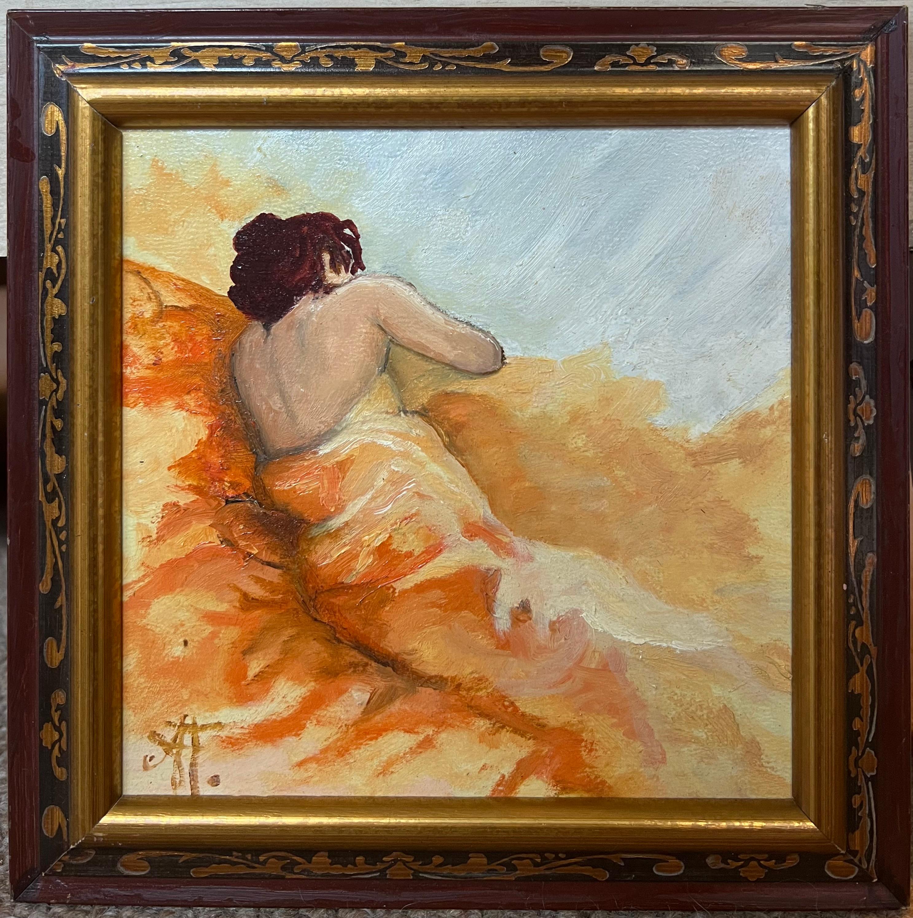 Donna nuda in accappatoio in un ambiente arancione illuminato dal sole Olio francese del XX secolo con cornice