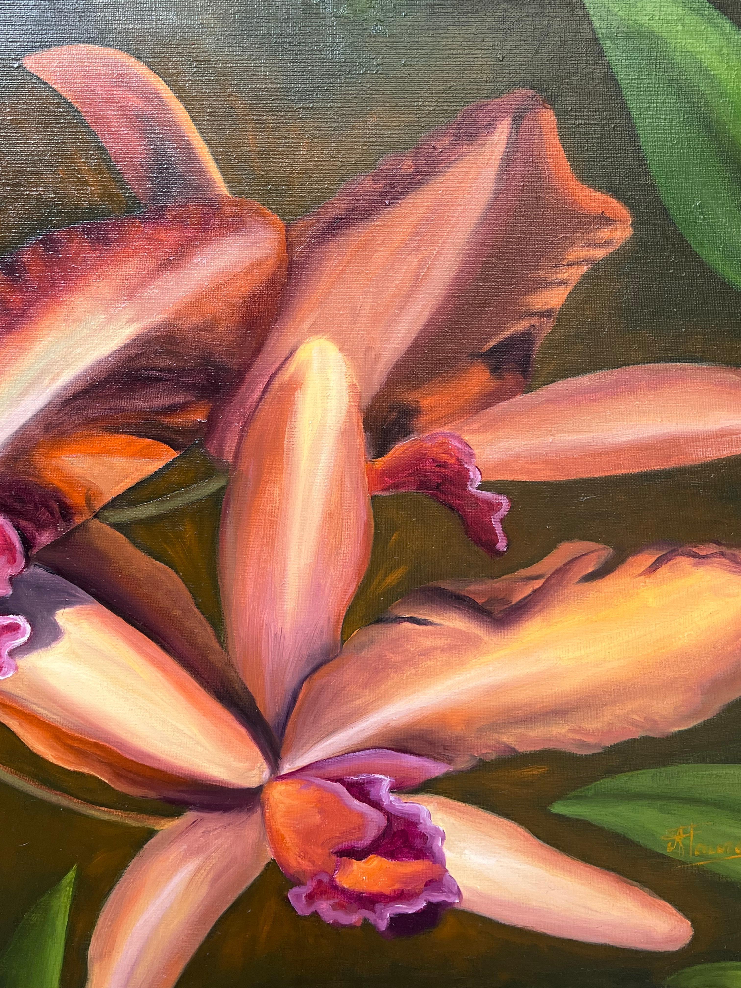 Französisches Ölgemälde in Orange und Rosa aus Rindsleder mit Orchideen, Stillleben, 20. Jahrhundert – Painting von Annie Faure