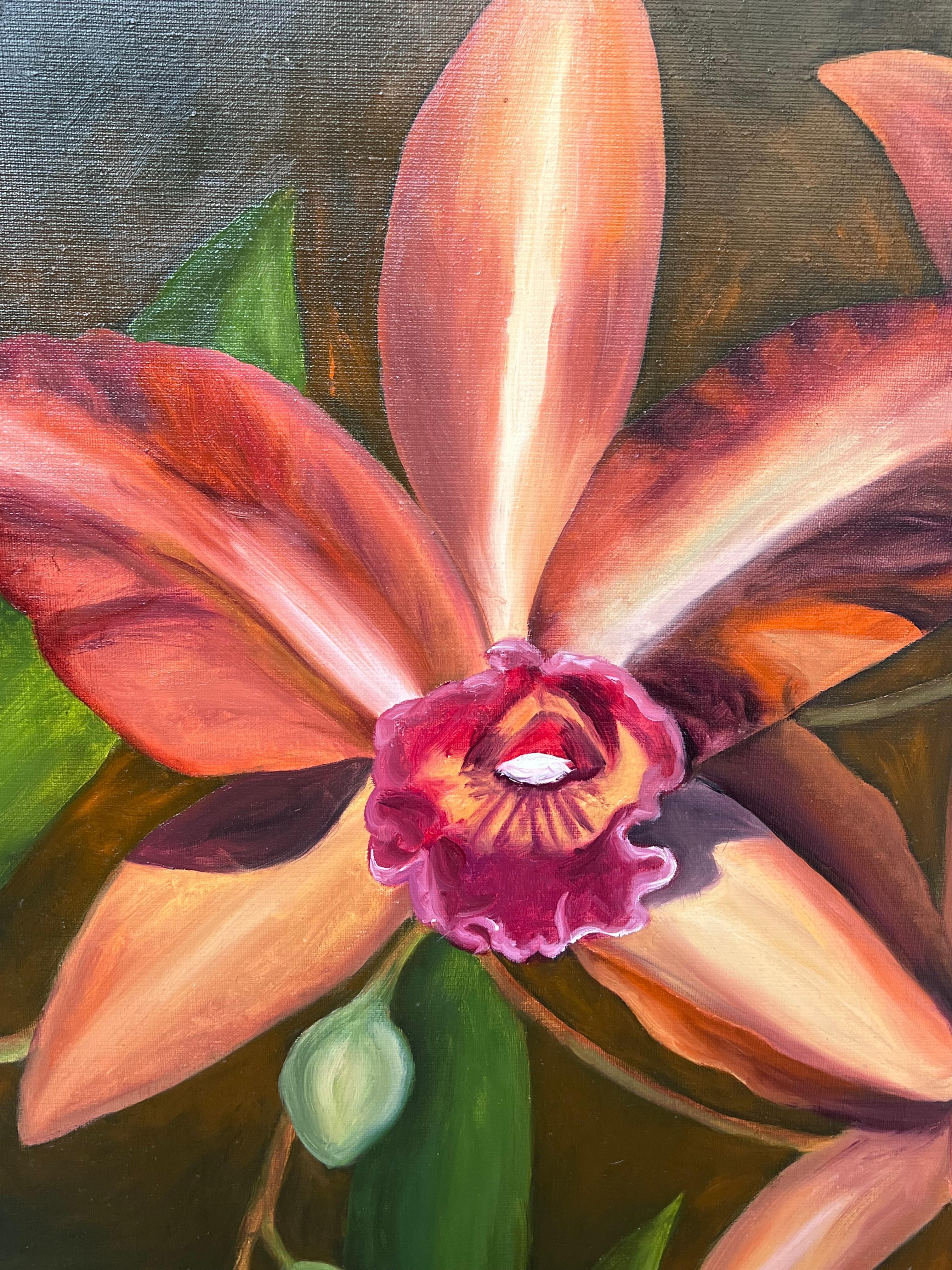Französisches Ölgemälde in Orange und Rosa aus Rindsleder mit Orchideen, Stillleben, 20. Jahrhundert (Französische Schule), Painting, von Annie Faure