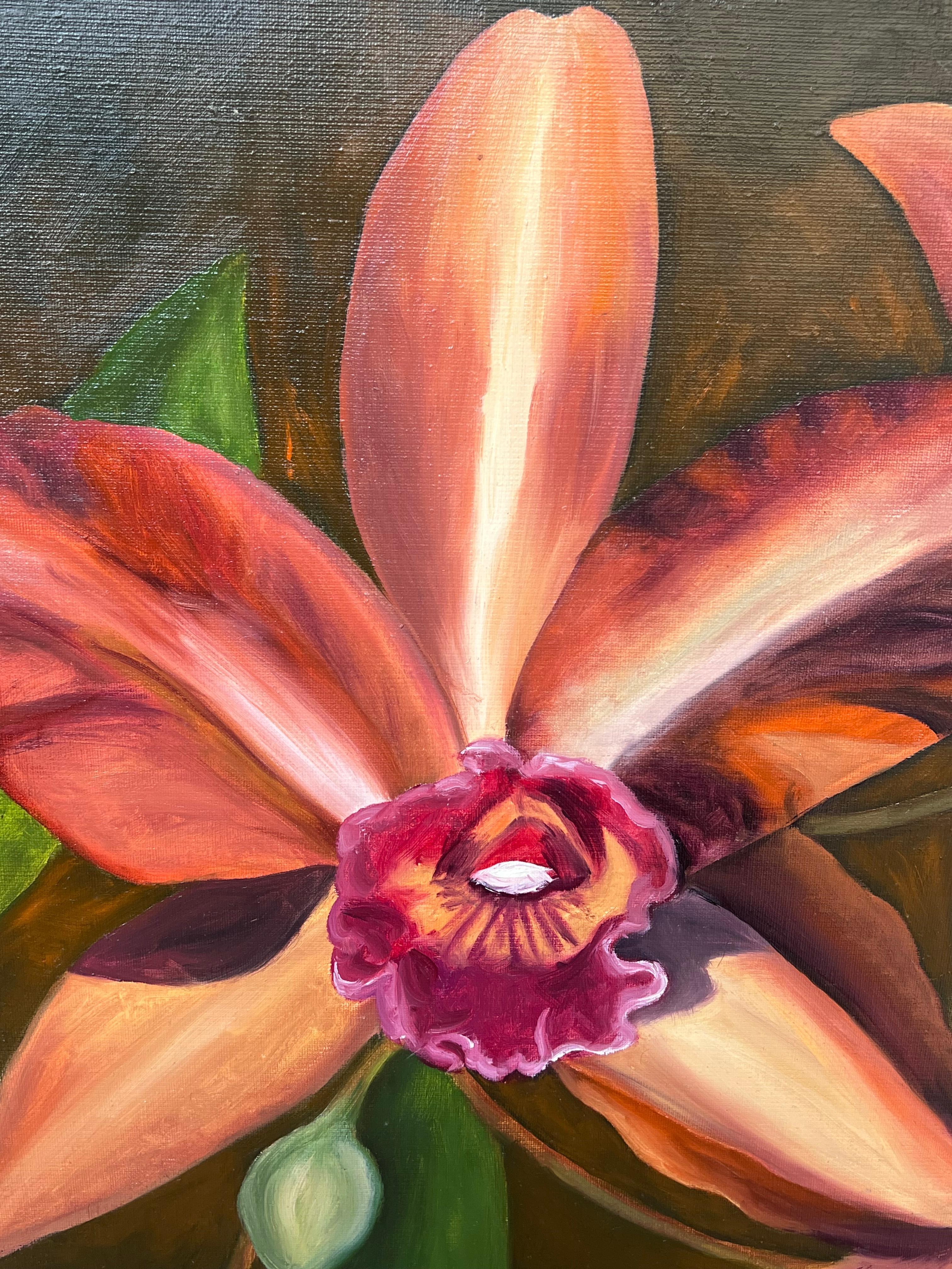 Französisches Ölgemälde in Orange und Rosa aus Rindsleder mit Orchideen, Stillleben, 20. Jahrhundert (Braun), Interior Painting, von Annie Faure