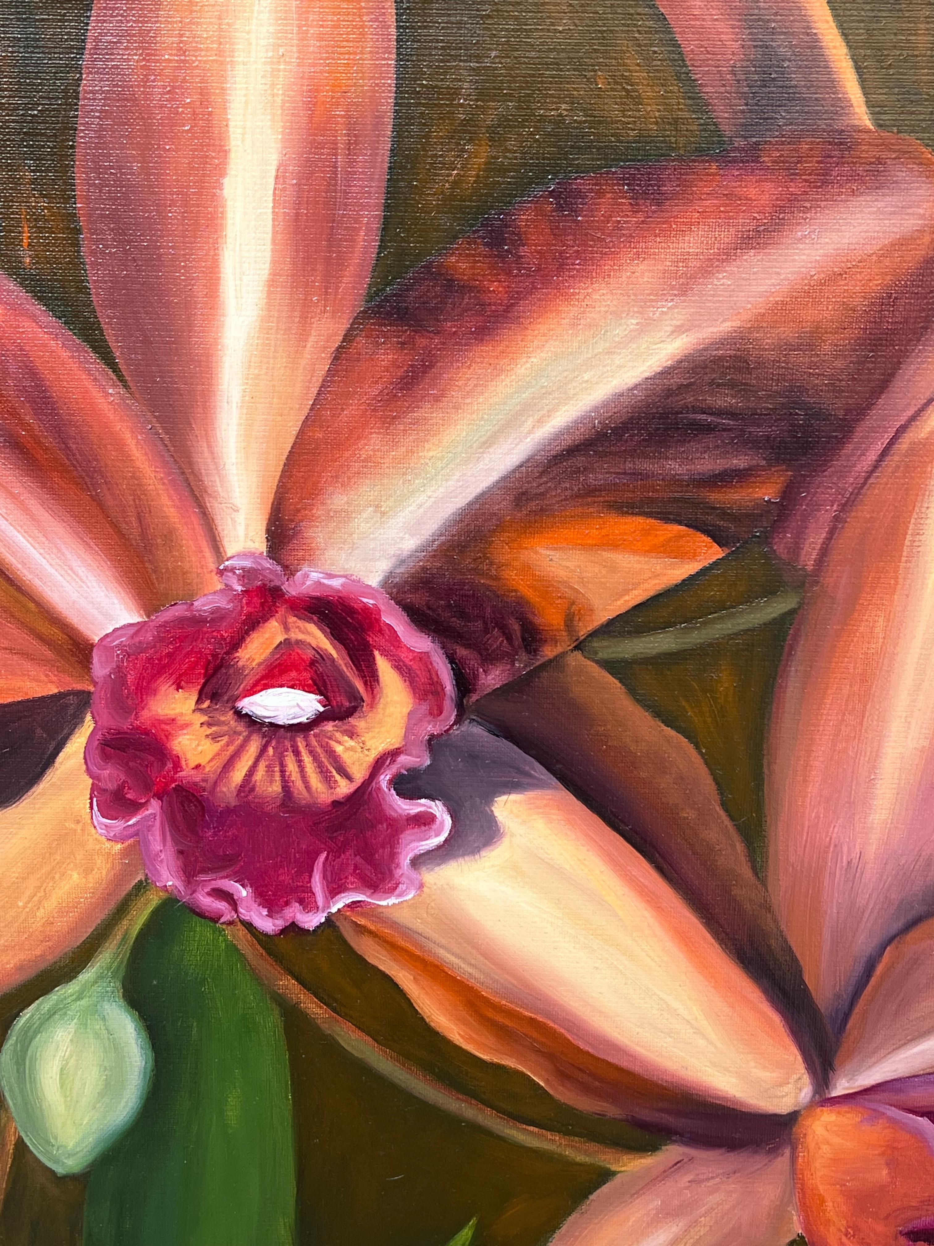 Französisches Ölgemälde in Orange und Rosa aus Rindsleder mit Orchideen, Stillleben, 20. Jahrhundert im Angebot 2