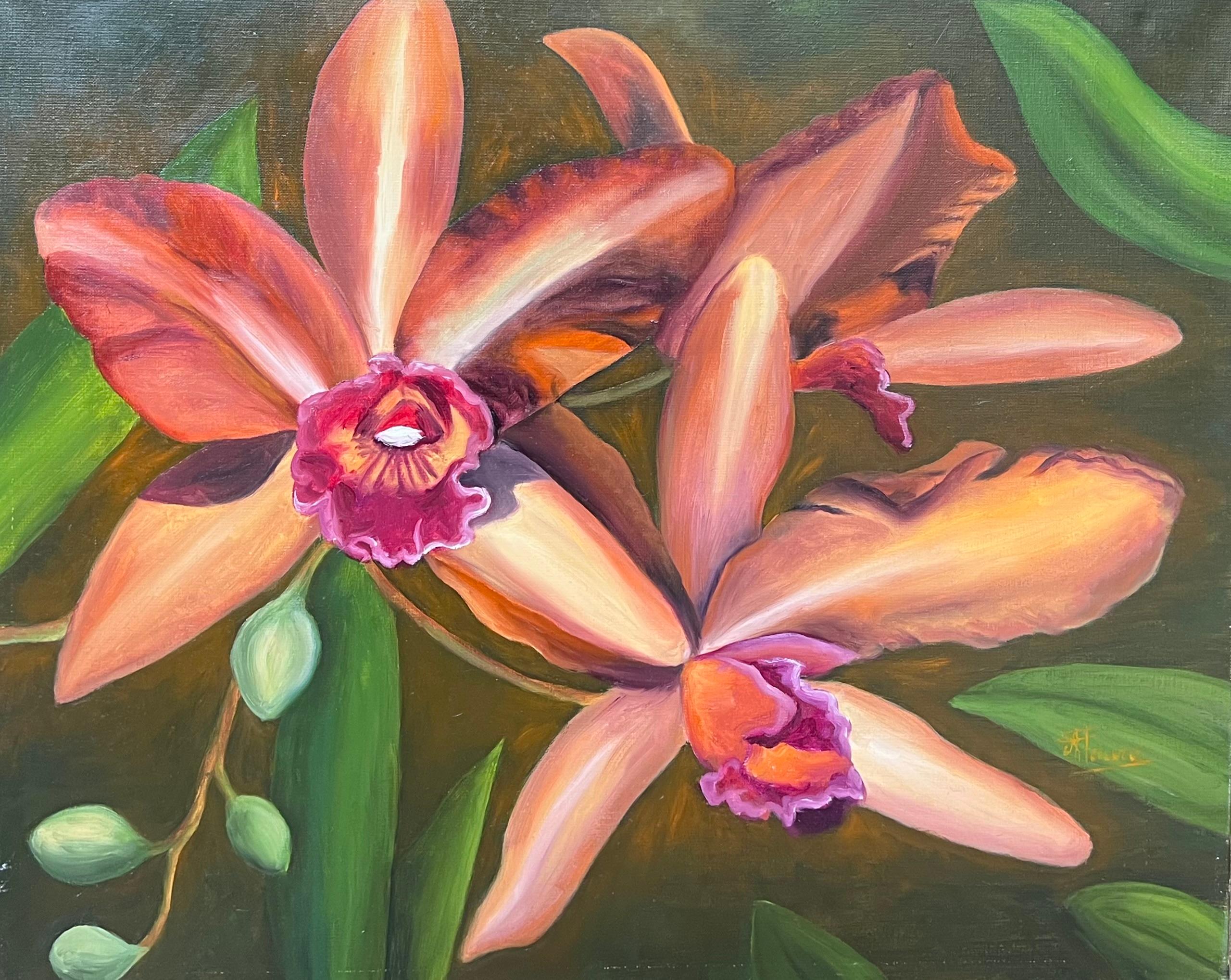 Nature morte aux orchidées Cattleya orange et rose Peinture à l'huile française du 20e siècle