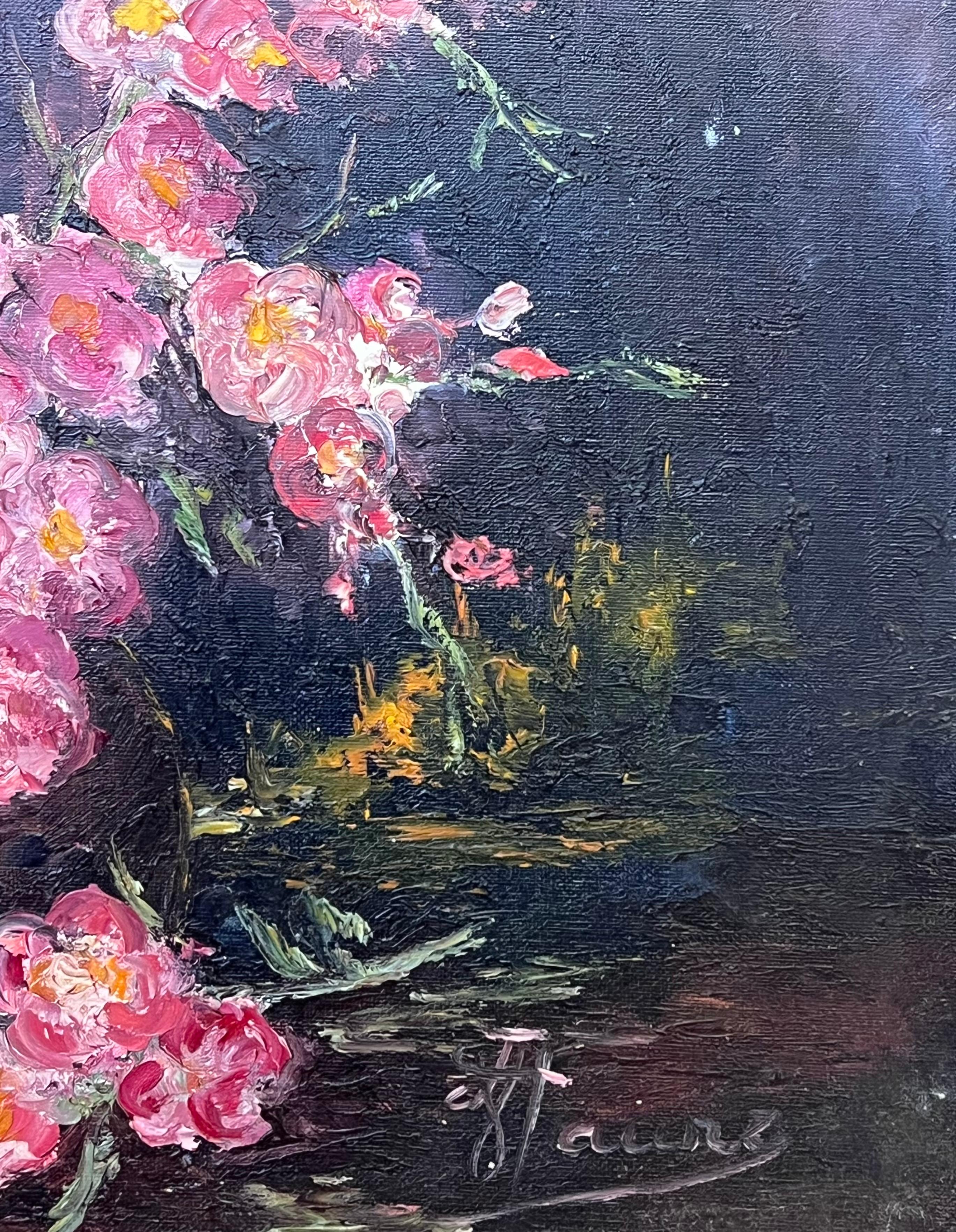 Original 20th Century French Oil Pink Flowers Illuminated In a Dark Room - Painting by Annie Faure