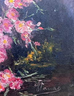 Olio originale del 20° secolo French Room Fiori rosa illuminati in una stanza buia