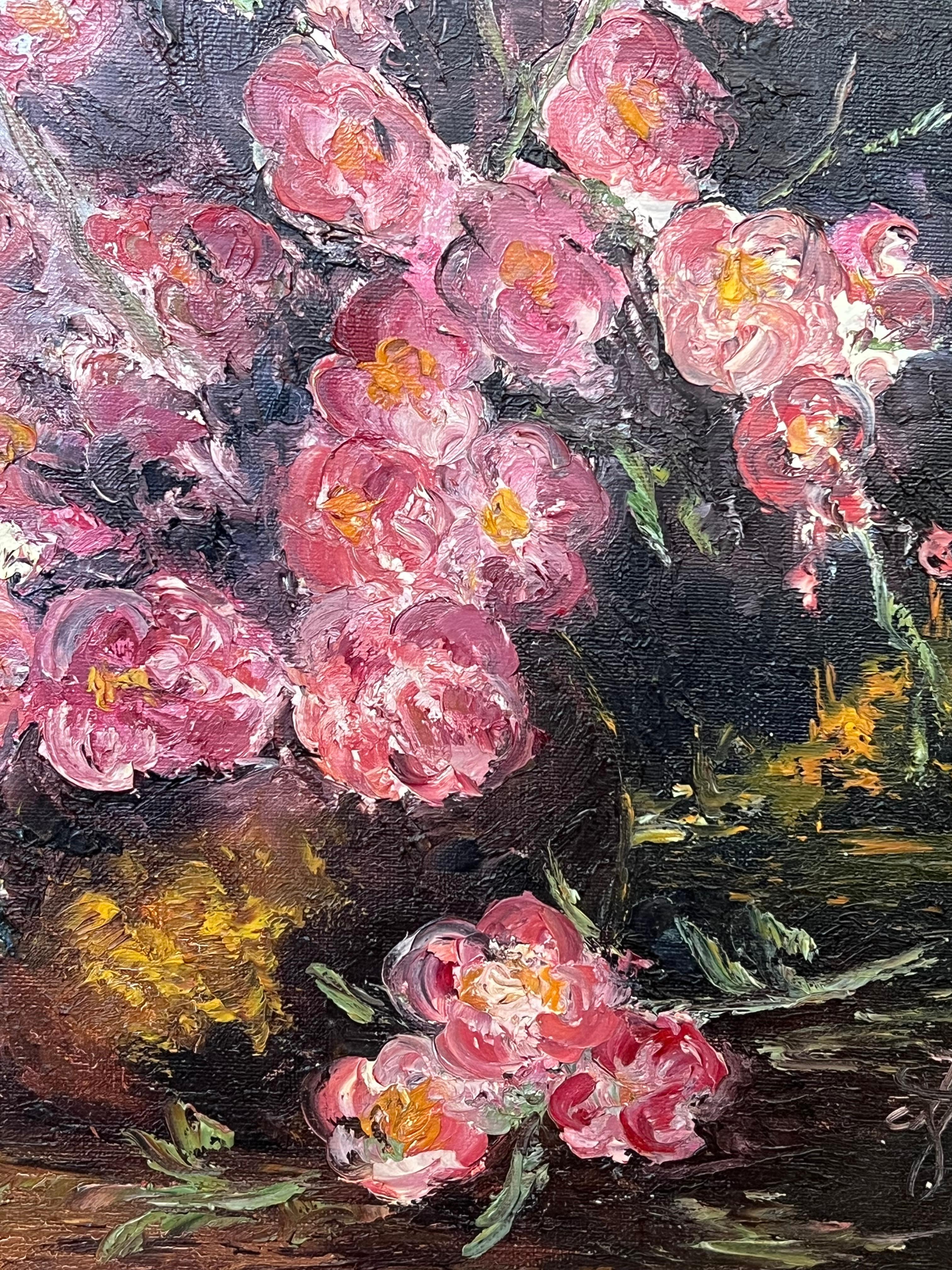 Original 20th Century French Oil Pink Flowers Illuminated In a Dark Room - French School Painting by Annie Faure