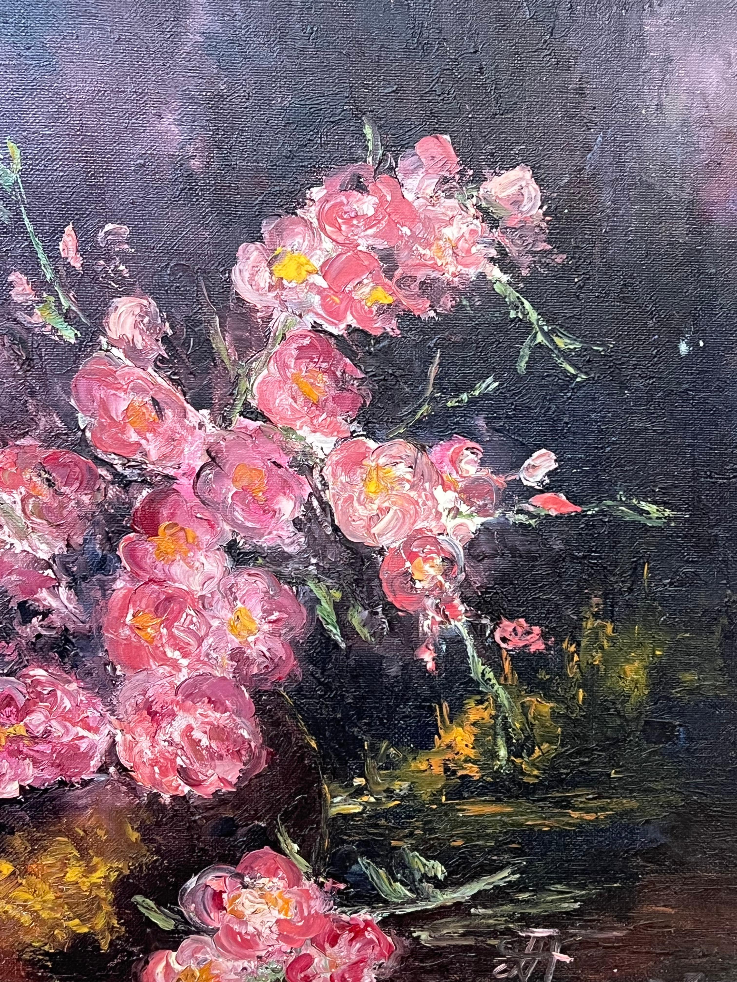 Original 20th Century French Oil Pink Flowers Illuminated In a Dark Room - Black Interior Painting by Annie Faure