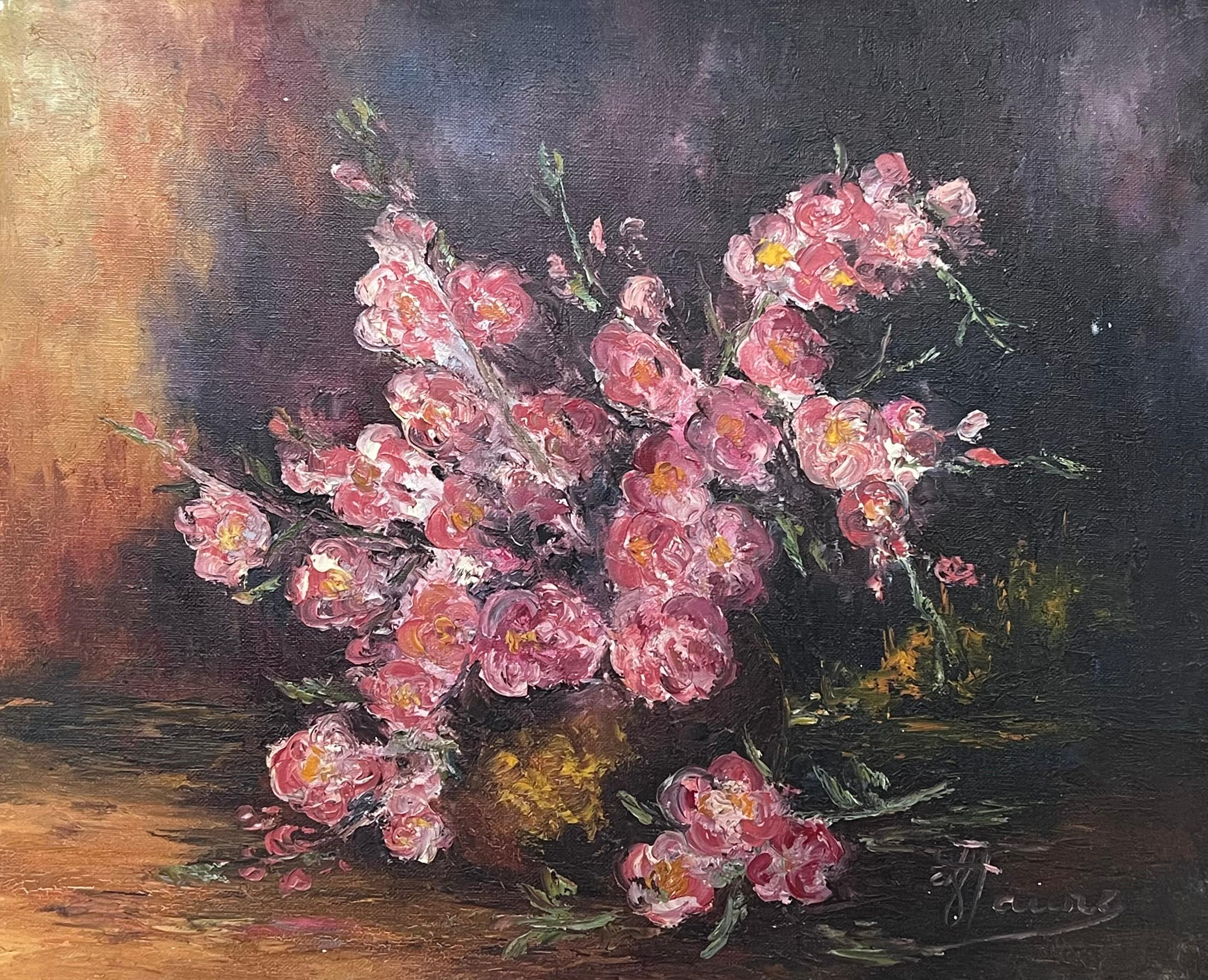 Original 20th Century French Oil Pink Flowers Illuminated In a Dark Room For Sale 1