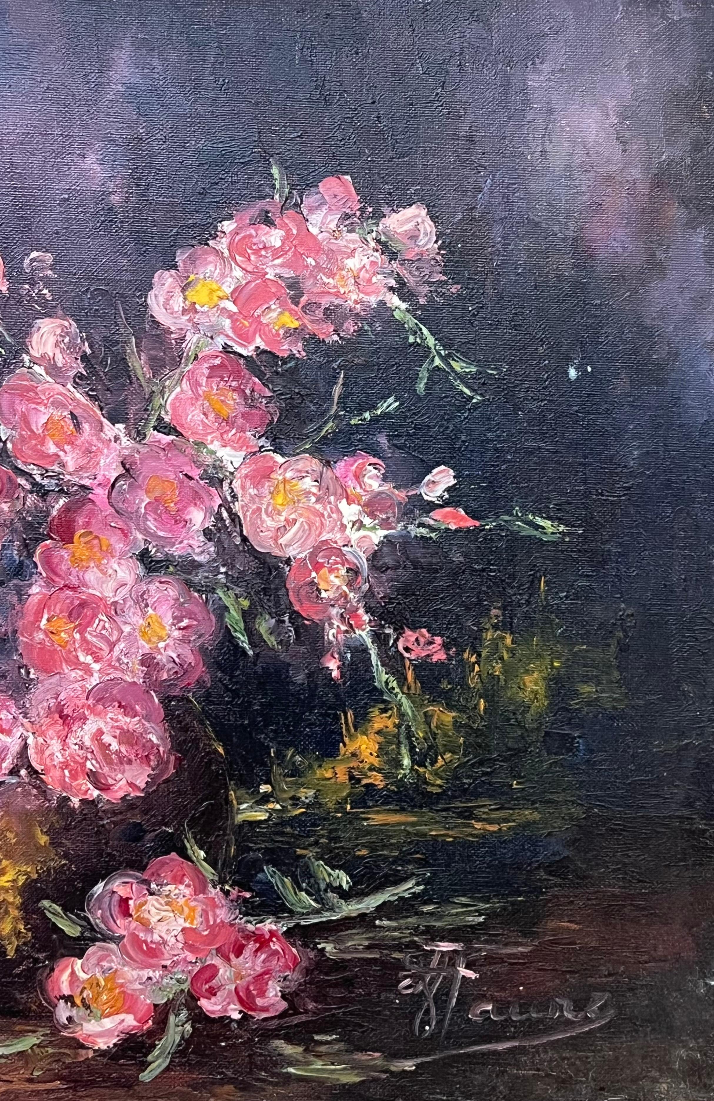 Original 20th Century French Oil Pink Flowers Illuminated In a Dark Room For Sale 2