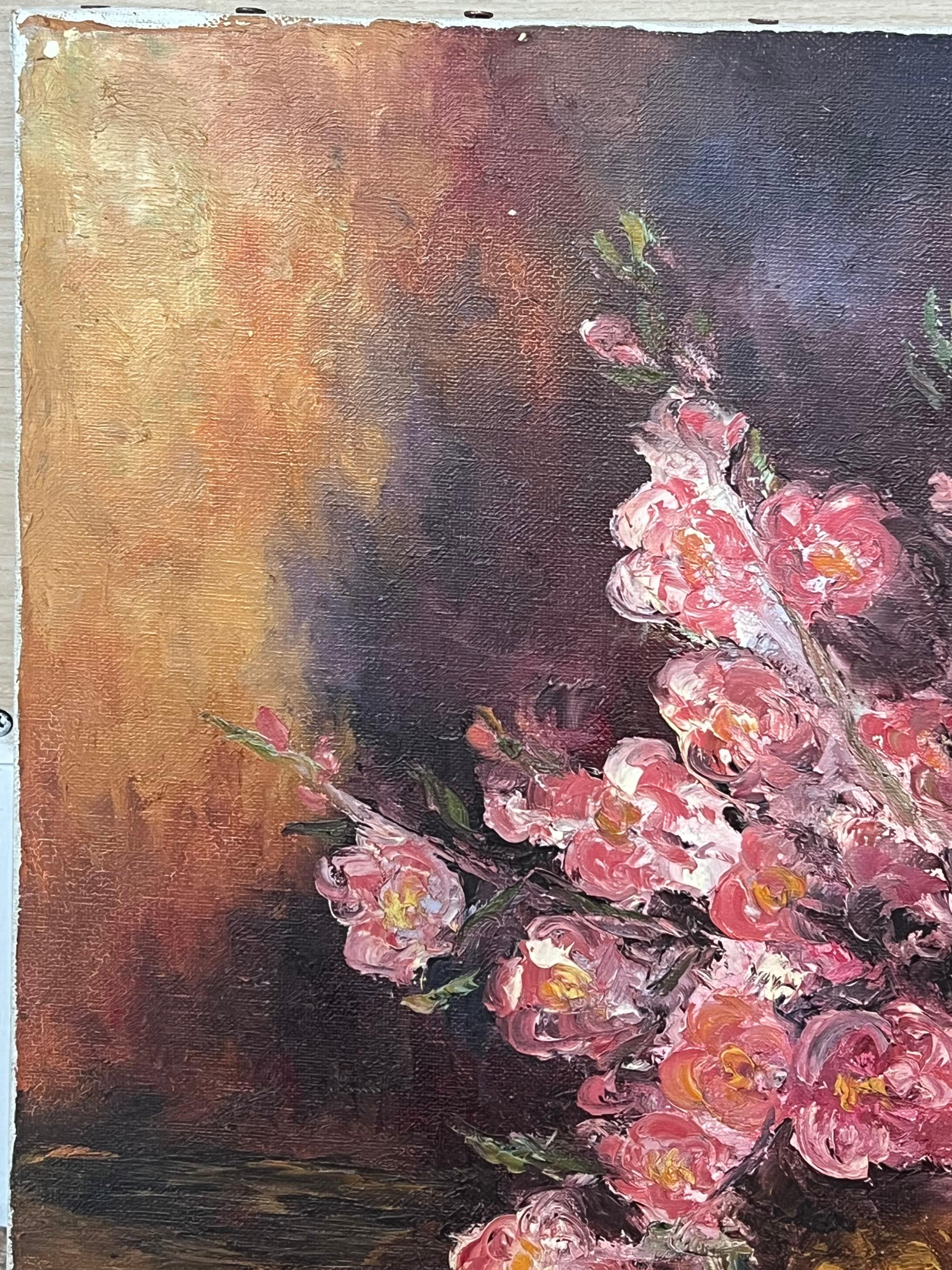 Original 20th Century French Oil Pink Flowers Illuminated In a Dark Room For Sale 3