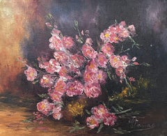 Óleo francés original del siglo XX Flores rosas iluminadas en una habitación oscura