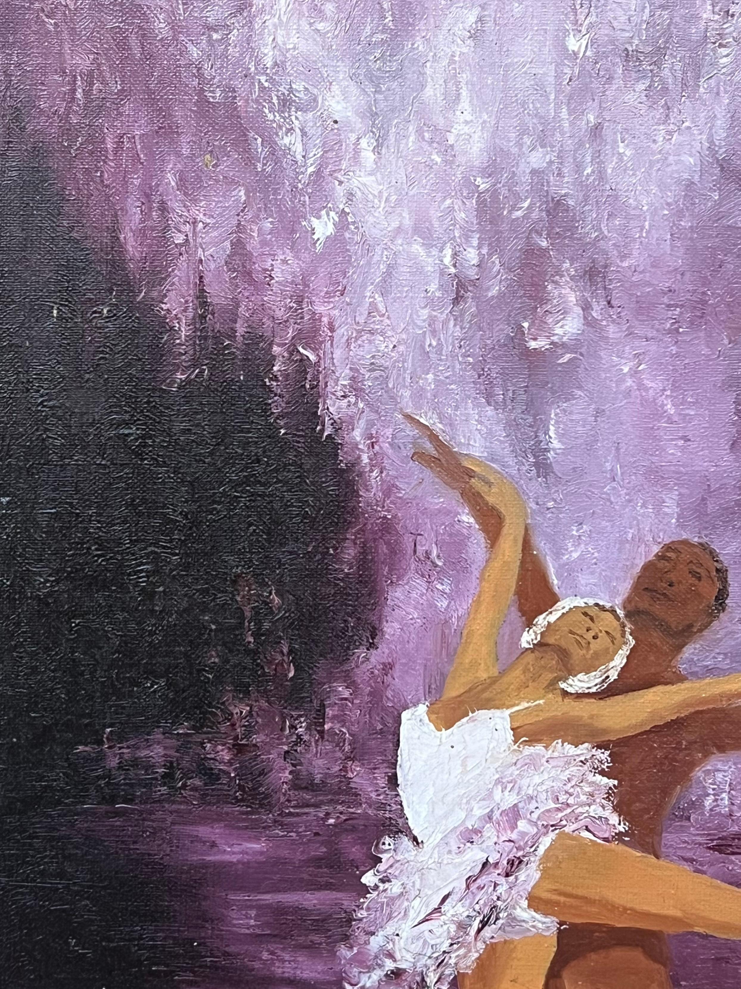 Leidenschaftliches Ballett Duet unter lila Wasserfall, Französisches Ölgemälde, 20. Jahrhundert – Painting von Annie Faure