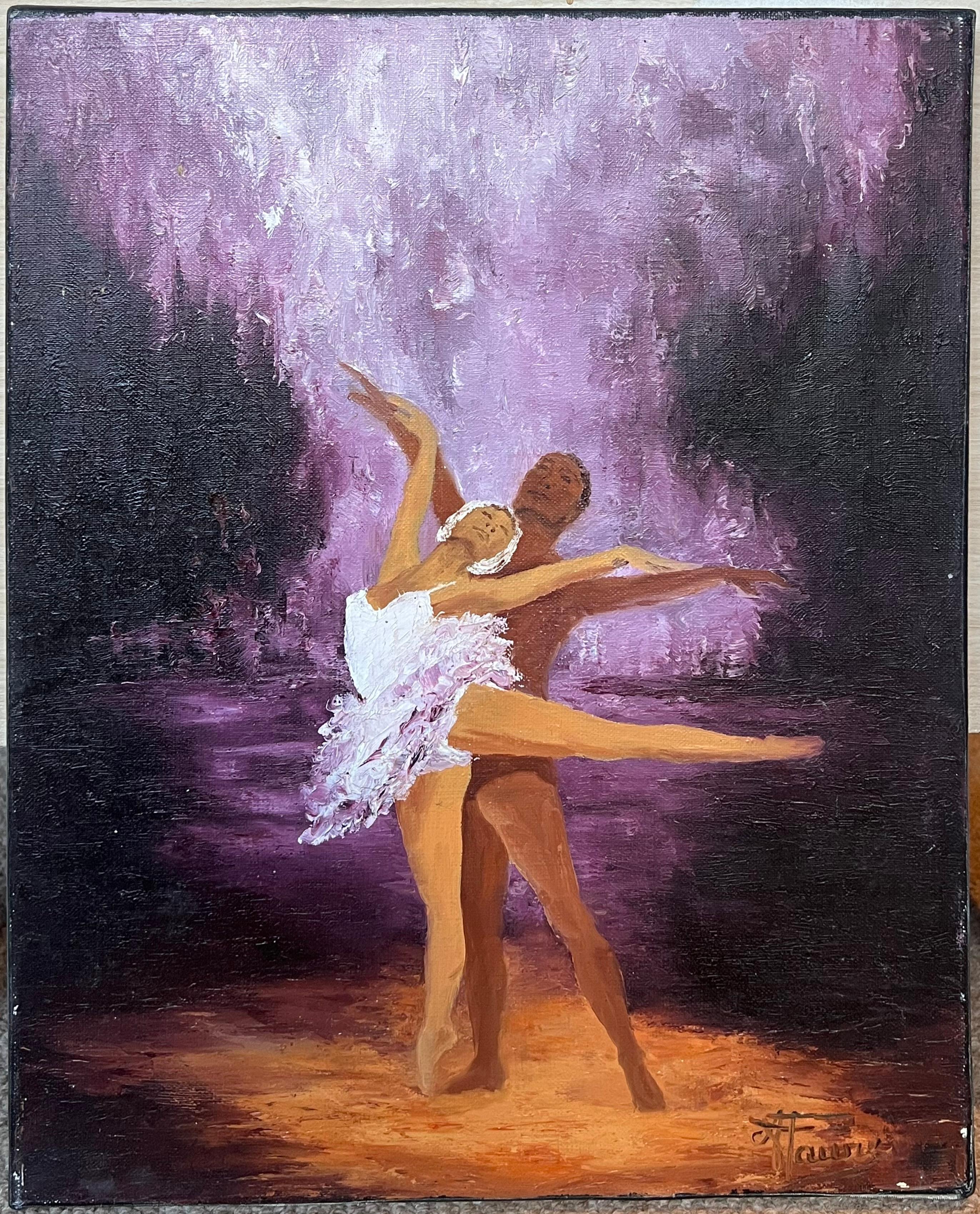 Leidenschaftliches Ballett Duet unter lila Wasserfall, Französisches Ölgemälde, 20. Jahrhundert (Schwarz), Portrait Painting, von Annie Faure