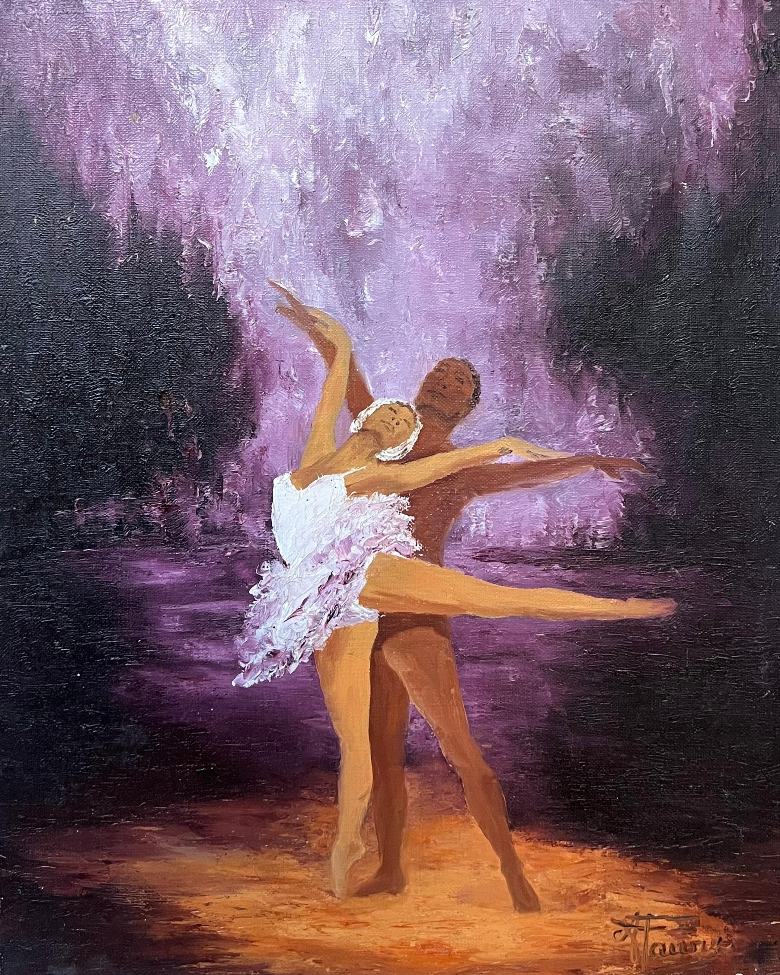 Duetto appassionato di danza classica sotto una cascata viola Olio francese del XX secolo