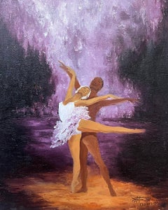 Leidenschaftliches Ballett Duet unter lila Wasserfall, Französisches Ölgemälde, 20. Jahrhundert