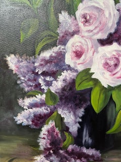 Pink and Purple Bouquet of Lilacs and Roses 20th Century French Oil Painting