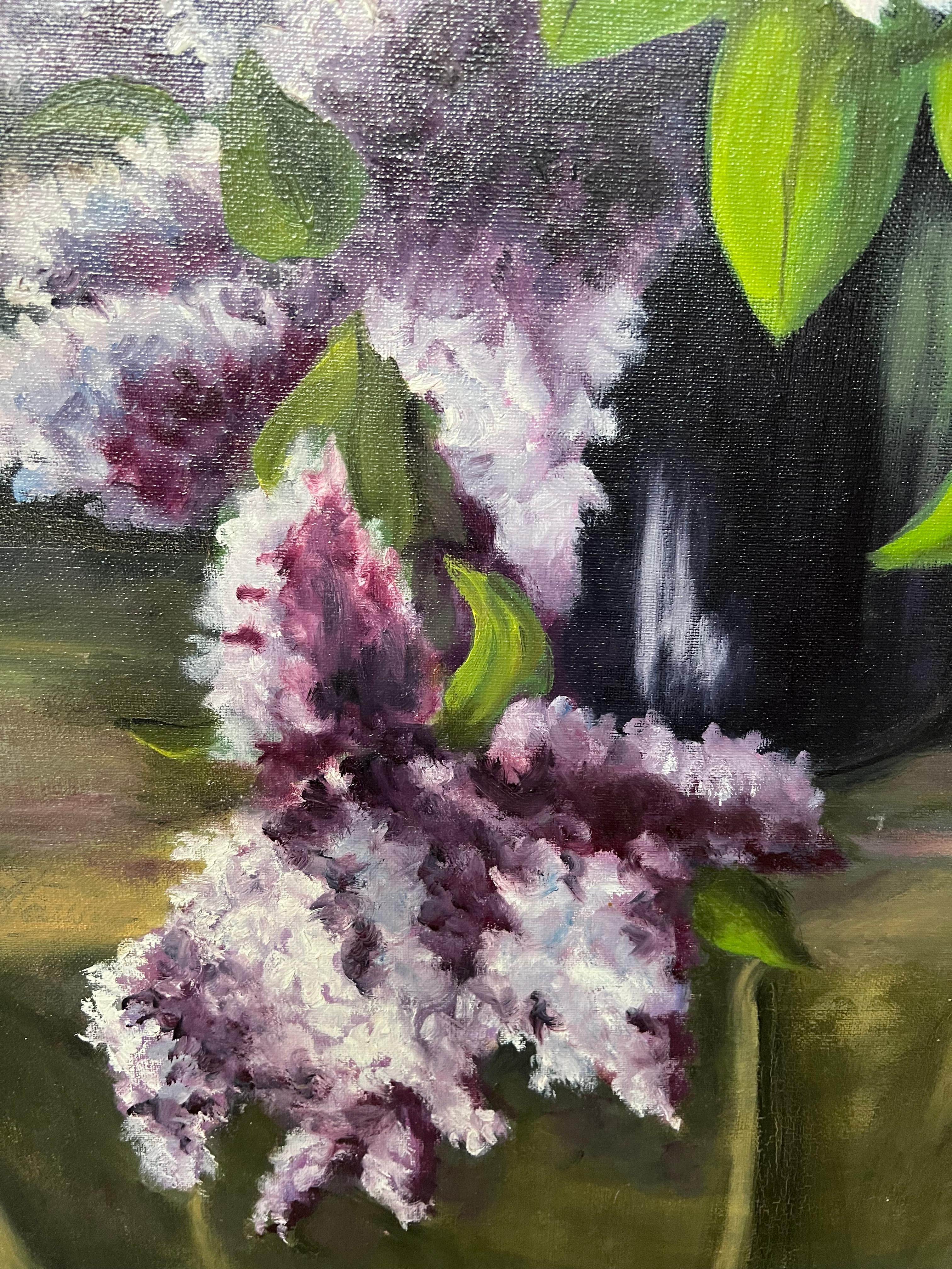 Bouquet di lillà e rose rosa e viola Pittura ad olio francese del XX secolo - Painting Scuola francese di Annie Faure