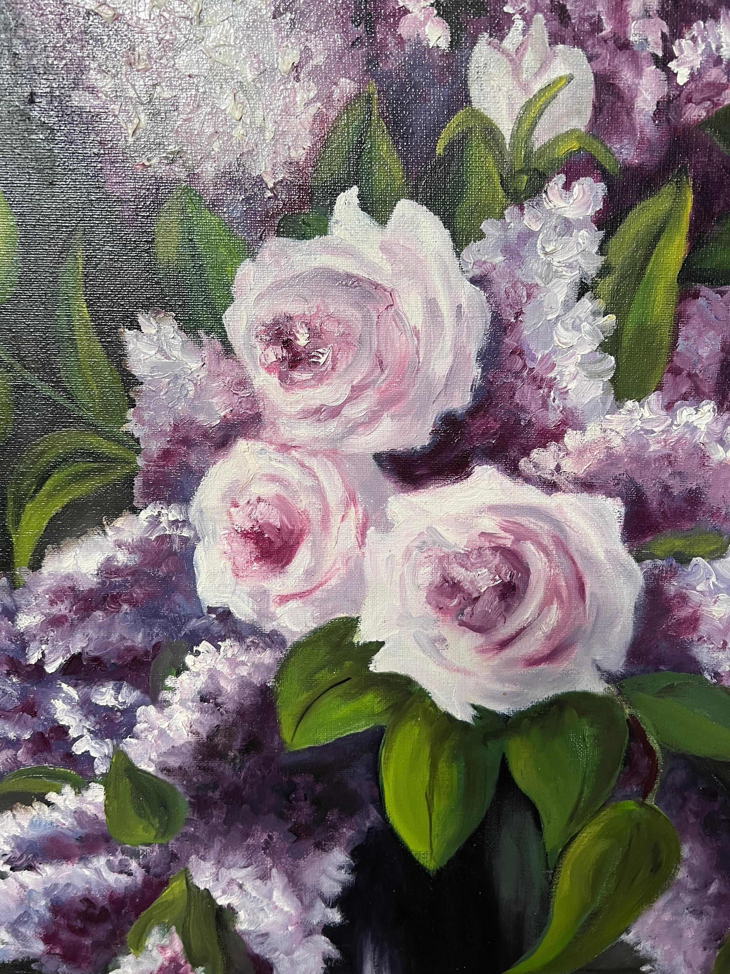 Bouquet di lillà e rose rosa e viola Pittura ad olio francese del XX secolo - Interior Painting Grigio di Annie Faure