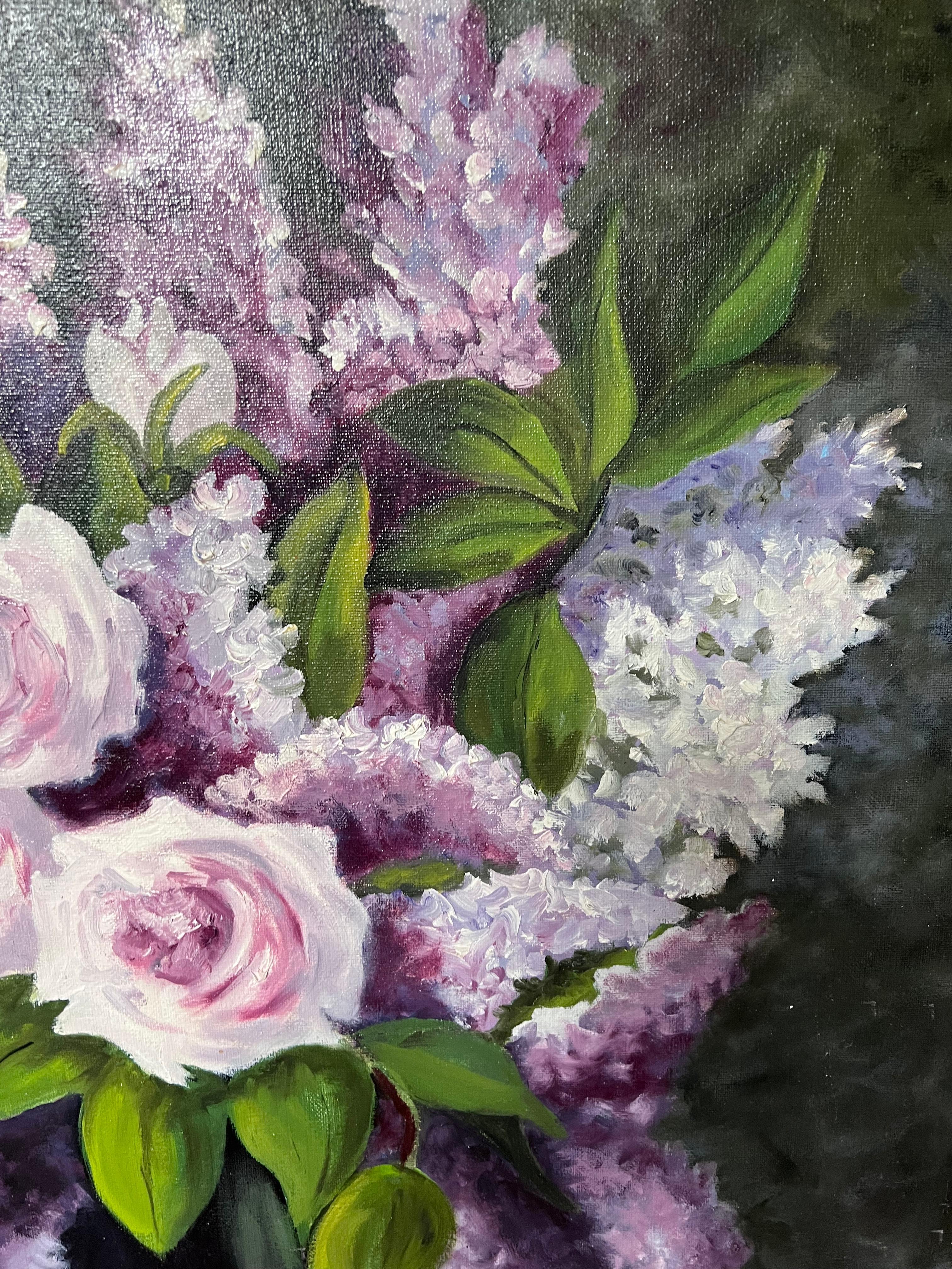 Natura morta di lillà e rose
di Annie Faure (francese 1940-2021)
firmato nell'angolo inferiore
dipinto a olio su tela, senza cornice
dimensioni della tela: 32 x 24 pollici
condizioni: complessivamente molto buone, lievi graffi superficiali dovuti