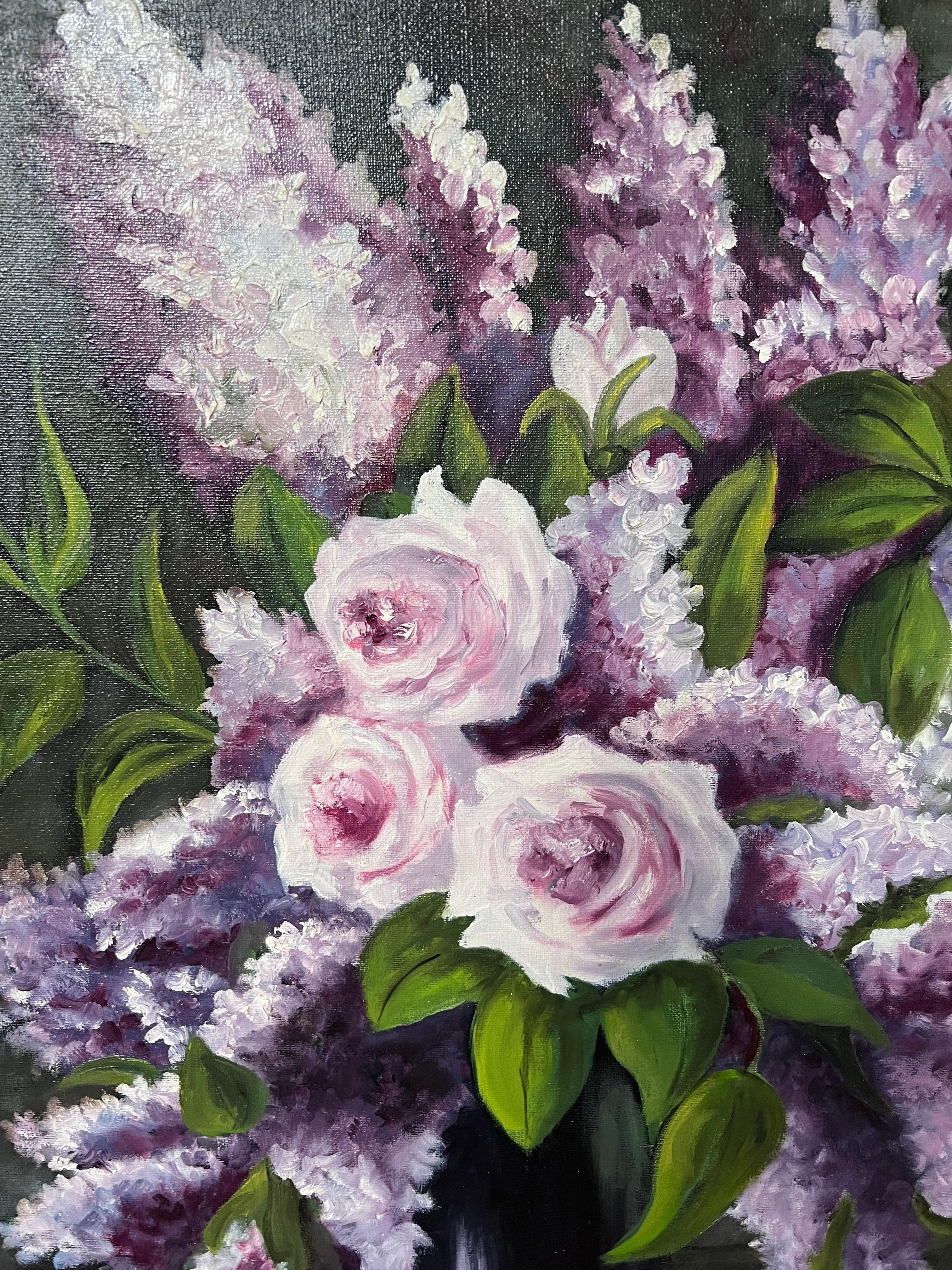 Bouquet di lillà e rose rosa e viola Pittura ad olio francese del XX secolo in vendita 1