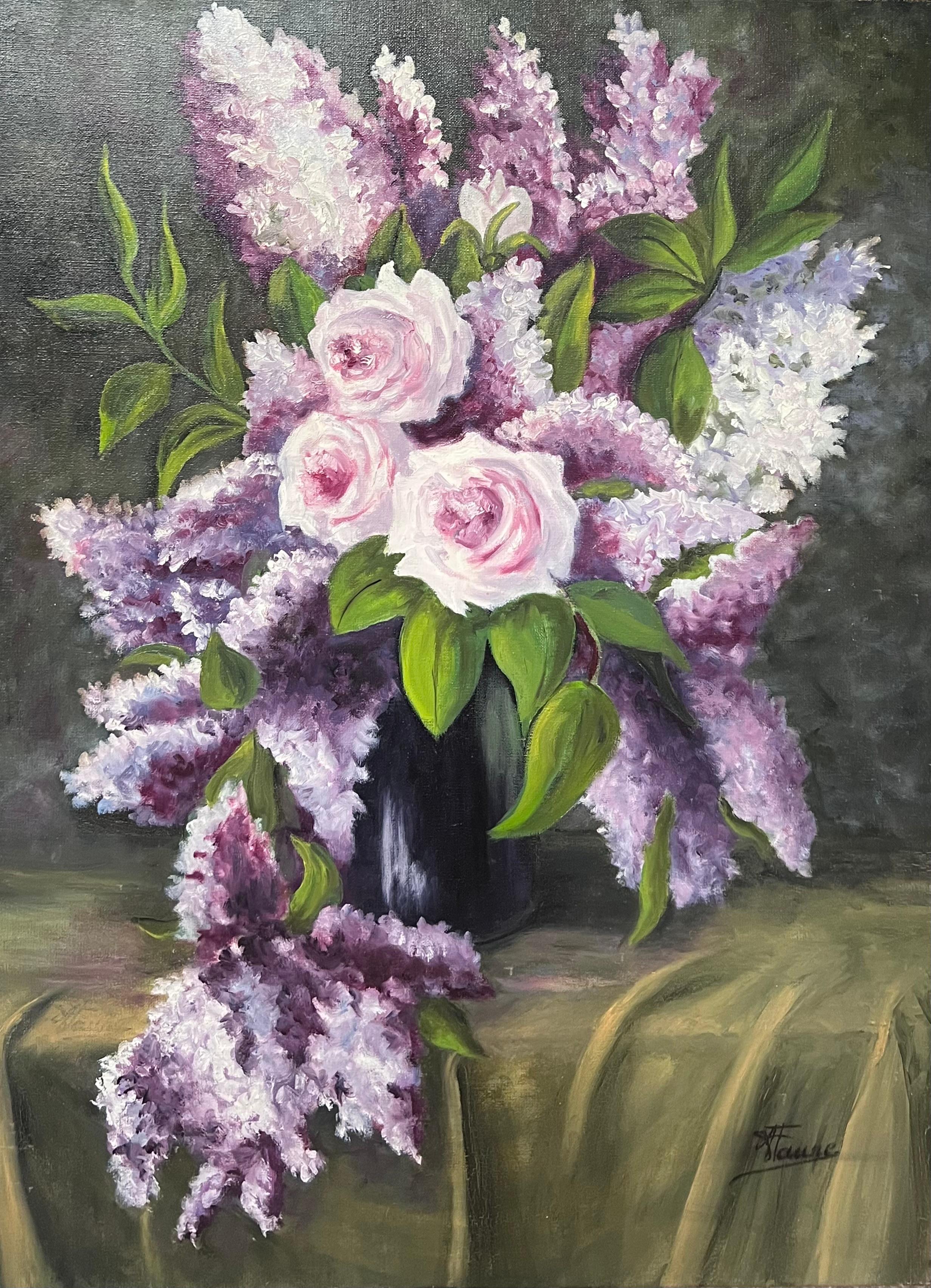 Bouquet de lilas et de roses rose et violet Peinture à l'huile française du 20e siècle