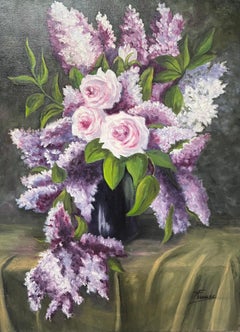 Pink and Purple Bouquet of Lilacs and Roses 20th Century French Oil Painting
