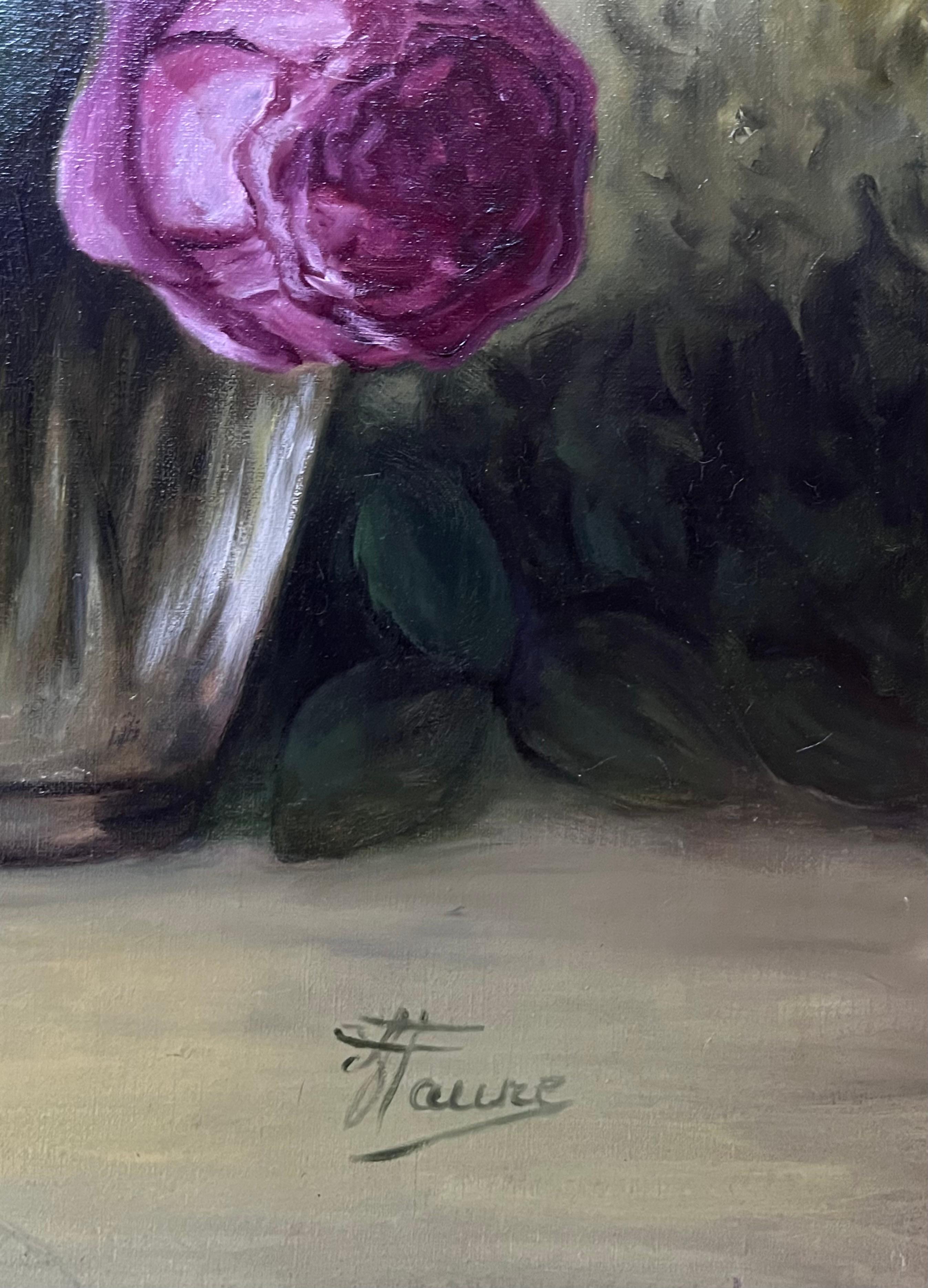 Pink Peonies In Glass Vase Still Life 20th Century French Oil Painting - Black Still-Life Painting by Annie Faure