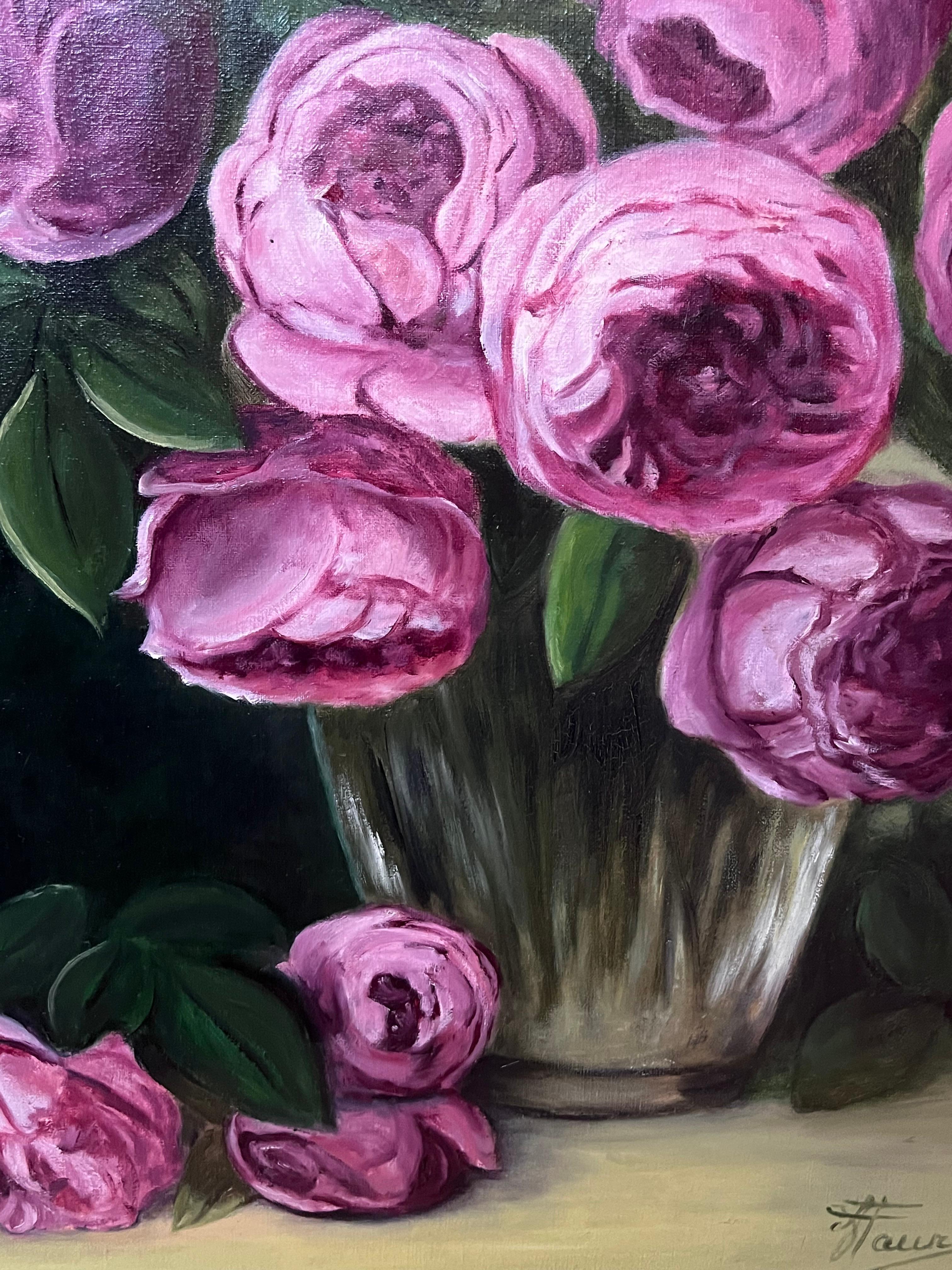 Pink Peonies In Glass Vase Still Life 20th Century French Oil Painting For Sale 1