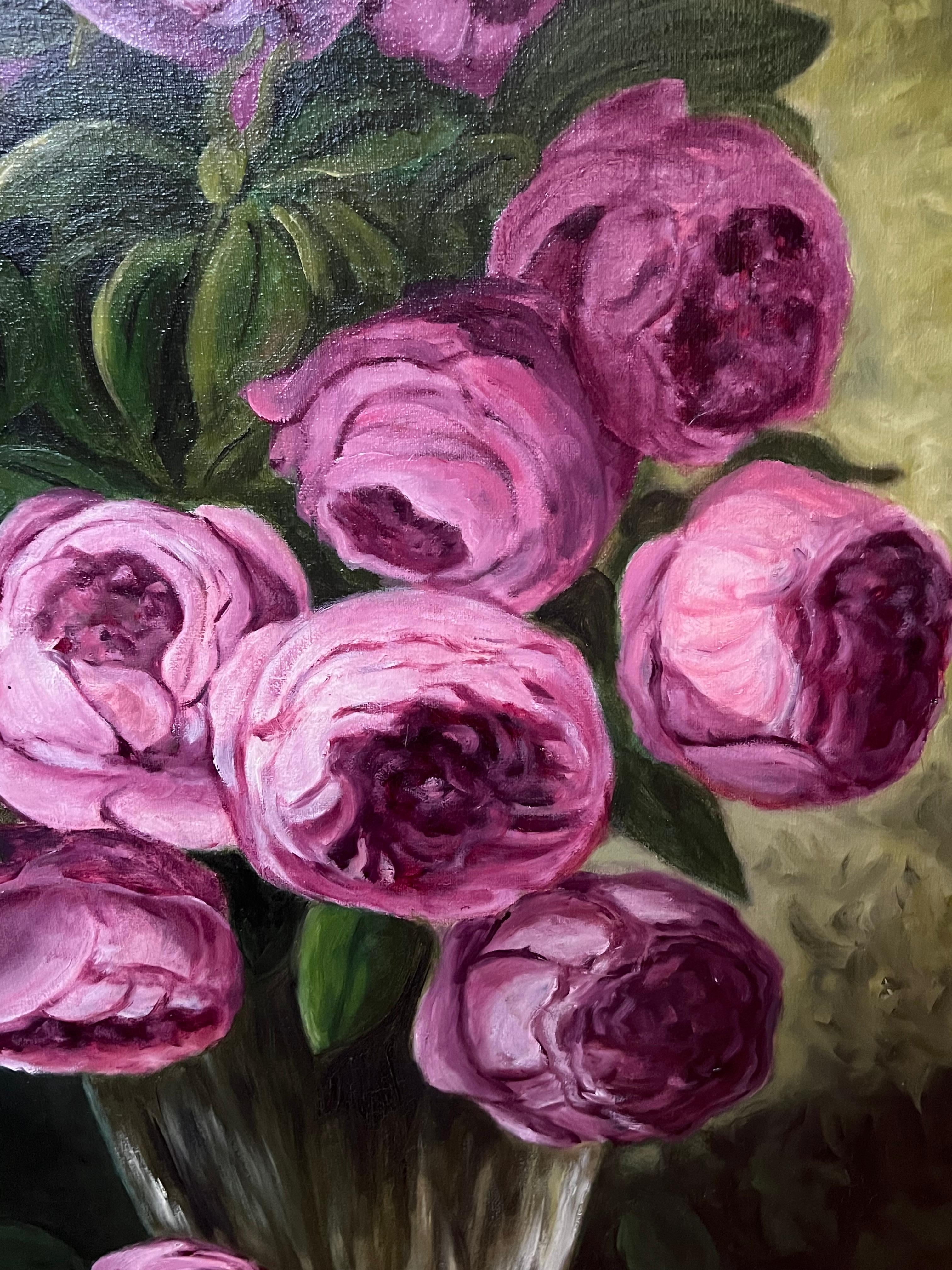 Pink Peonies In Glass Vase Still Life 20th Century French Oil Painting For Sale 2