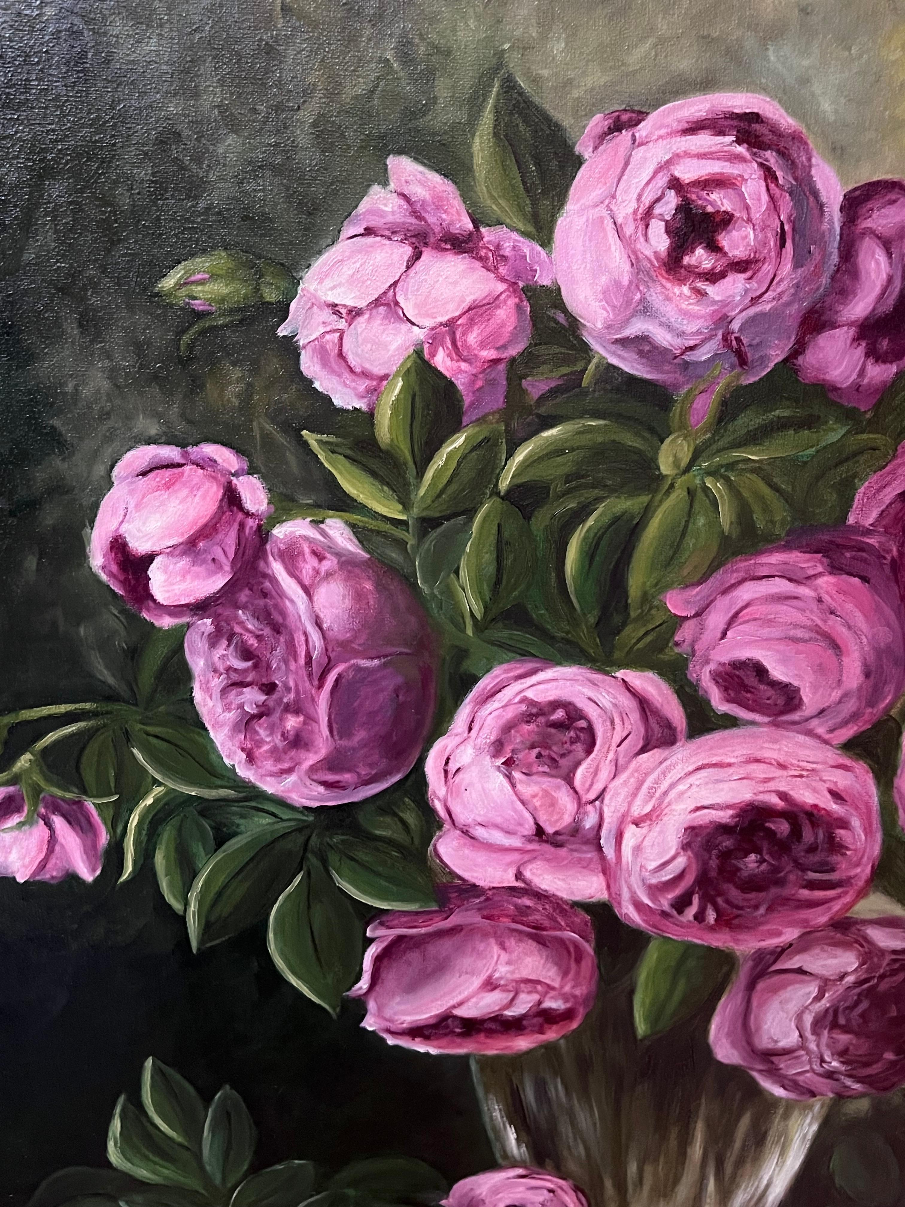 Pink Peonies In Glass Vase Still Life 20th Century French Oil Painting For Sale 3