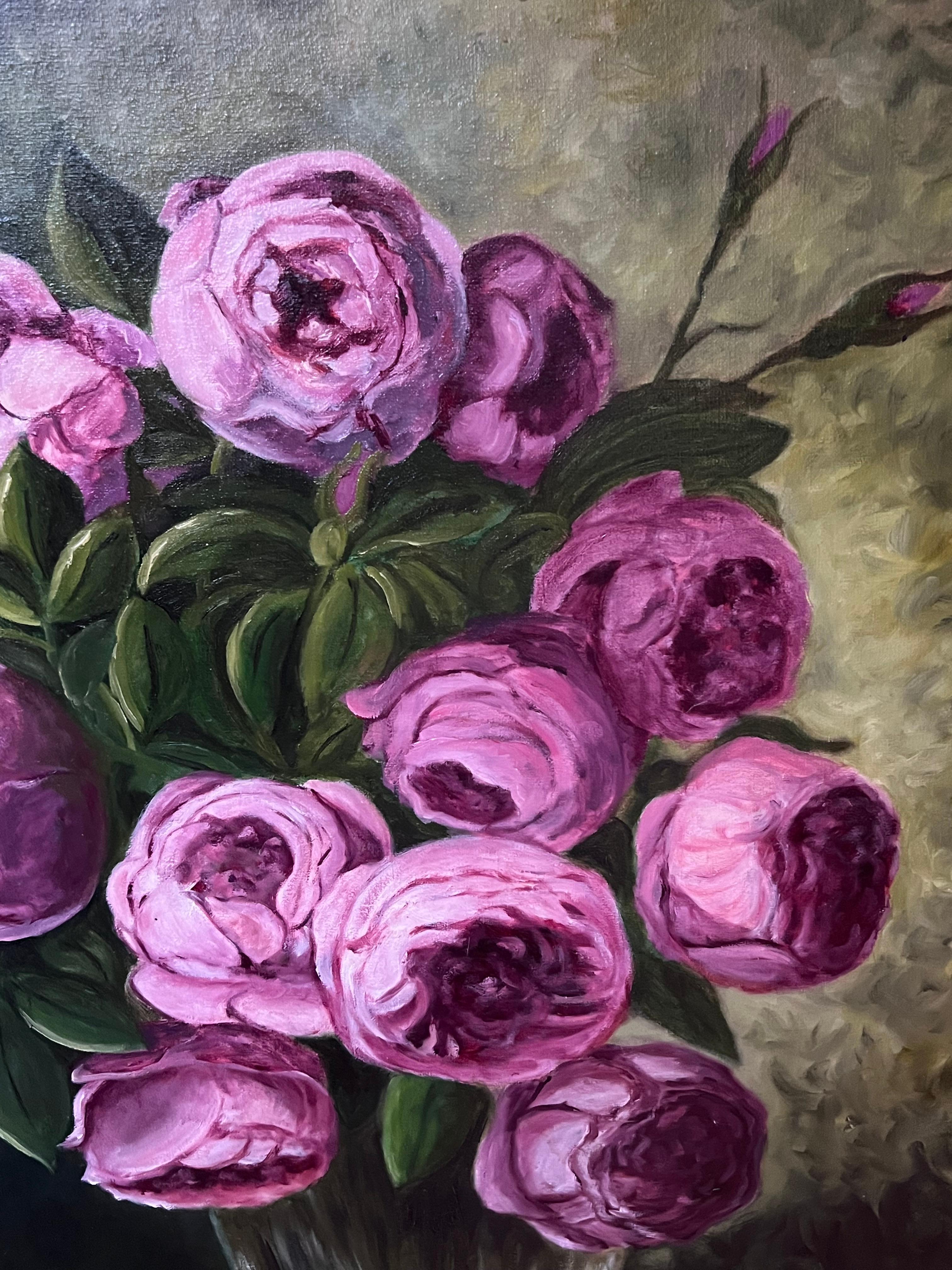 Pink Peonies In Glass Vase Still Life 20th Century French Oil Painting For Sale 4