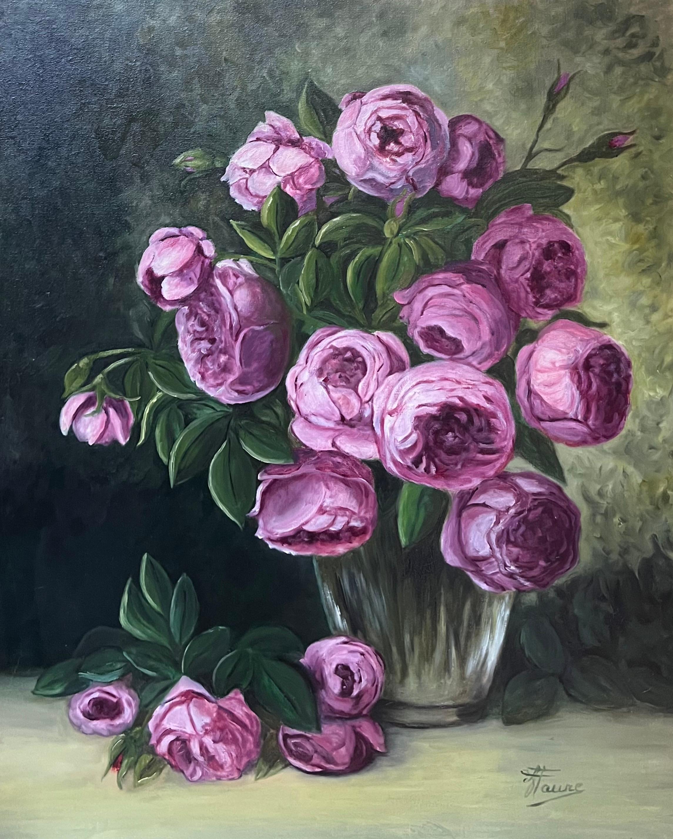 Annie Faure Still-Life Painting - Pink Peonies In Glass Vase Still Life 20th Century French Oil Painting