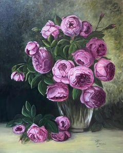 Pink Peonies In Glass Vase Still Life 20th Century French Oil Painting