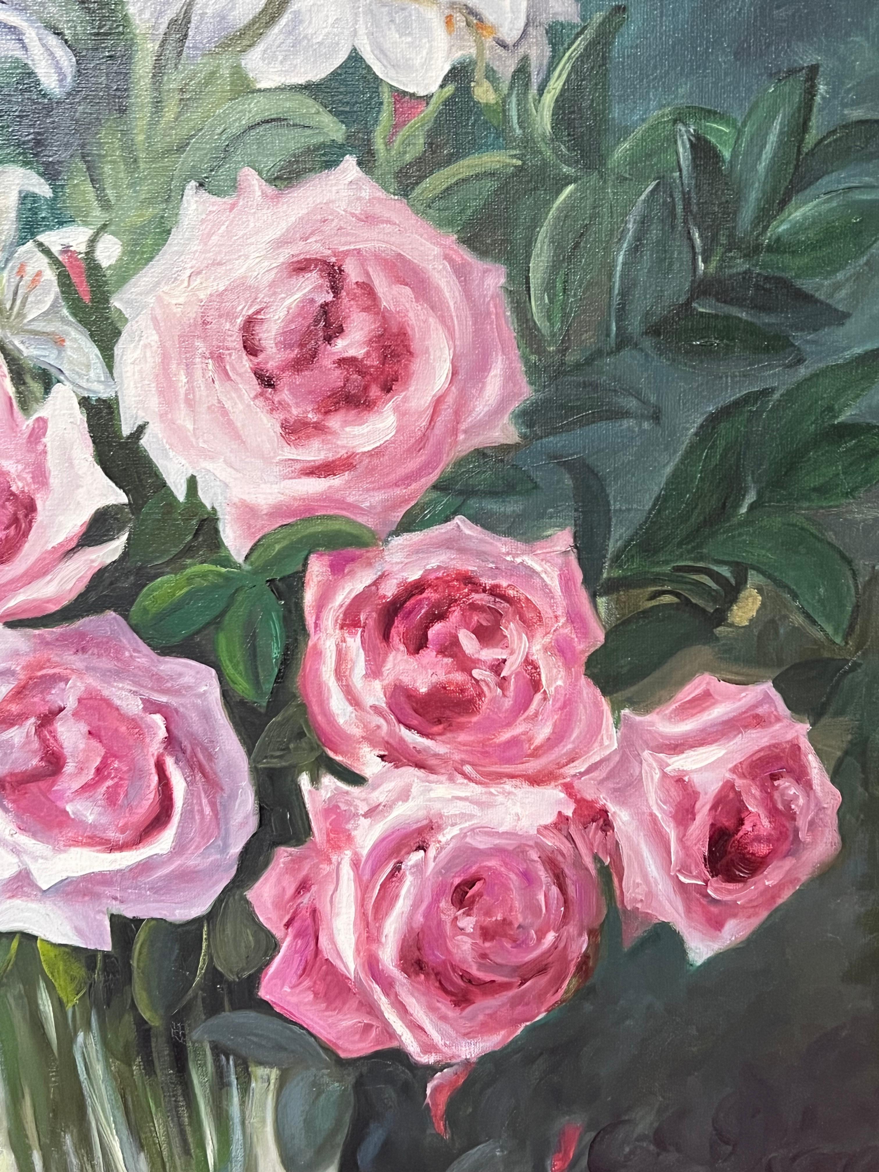 Pink Roses and Lilies In Glass Vase Still Life 20th Century French Oil Painting For Sale 7