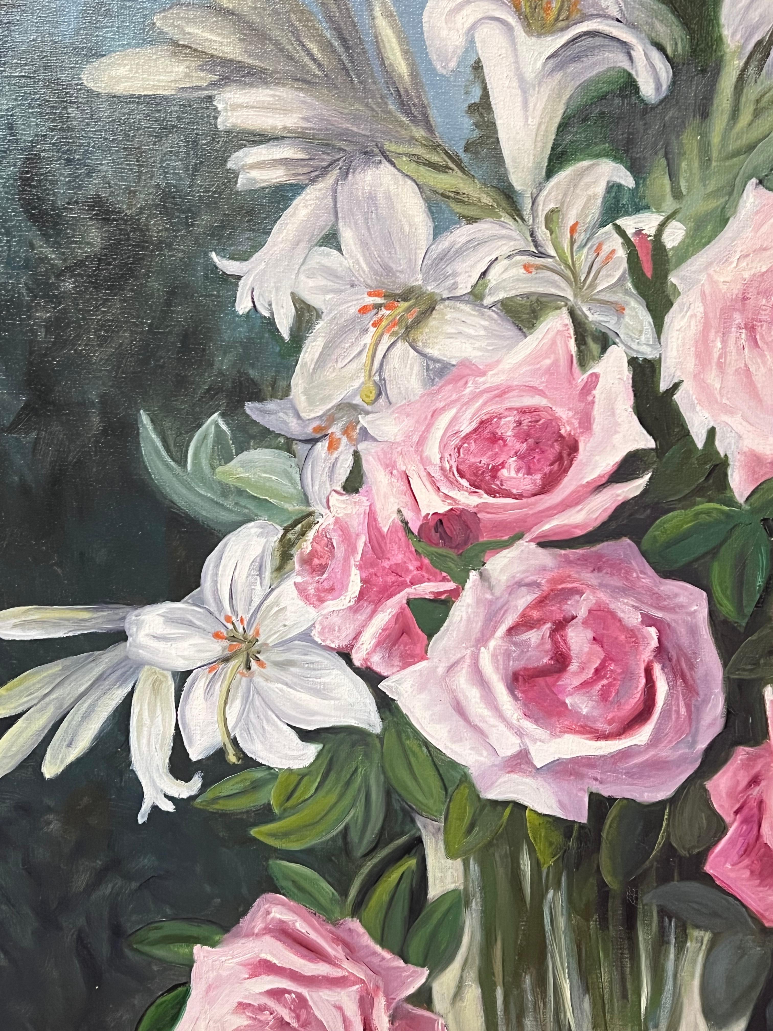Pink Roses and Lilies In Glass Vase Still Life 20th Century French Oil Painting For Sale 8