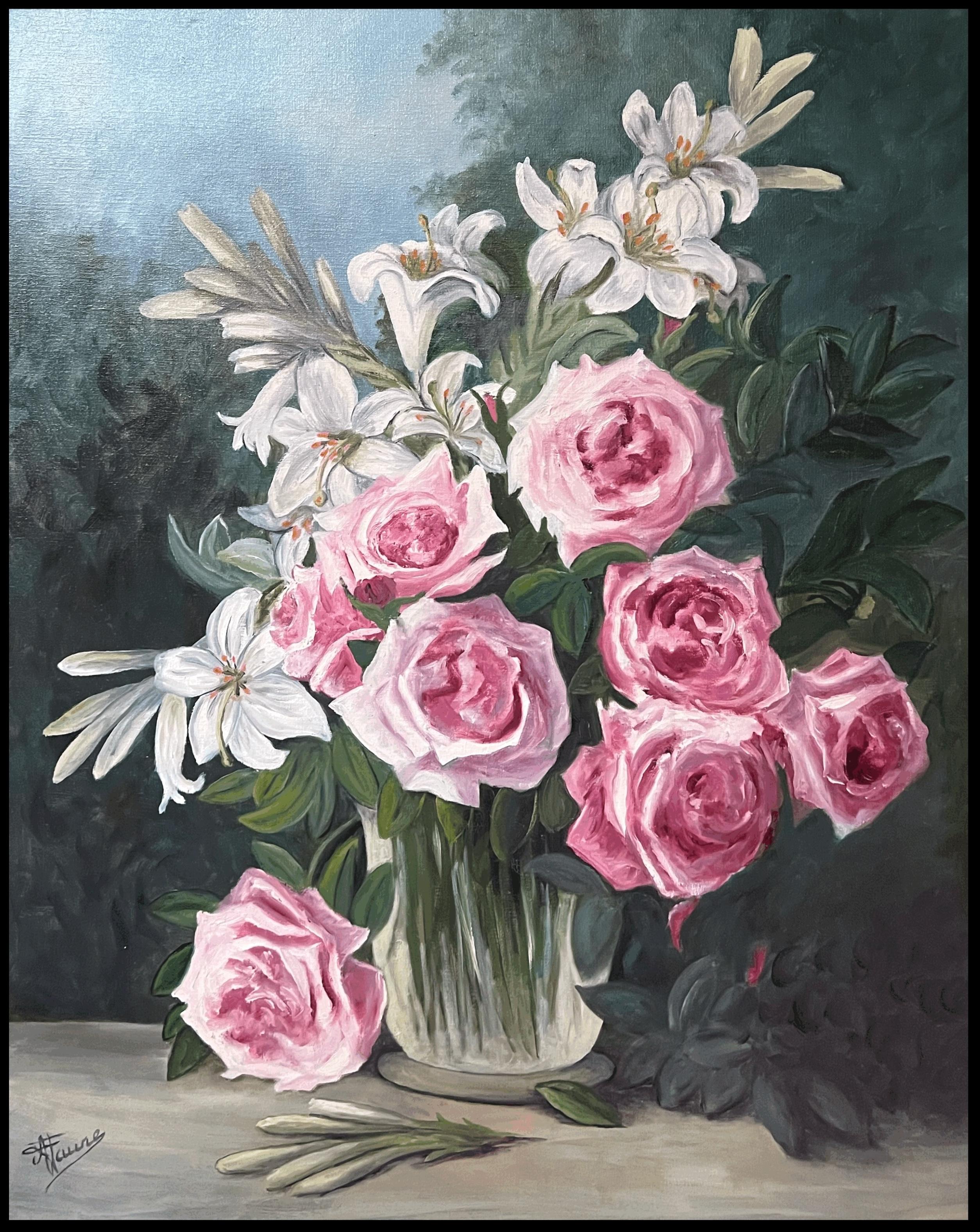Pink Roses and Lilies In Glass Vase Still Life 20th Century French Oil Painting - Gray Interior Painting by Annie Faure