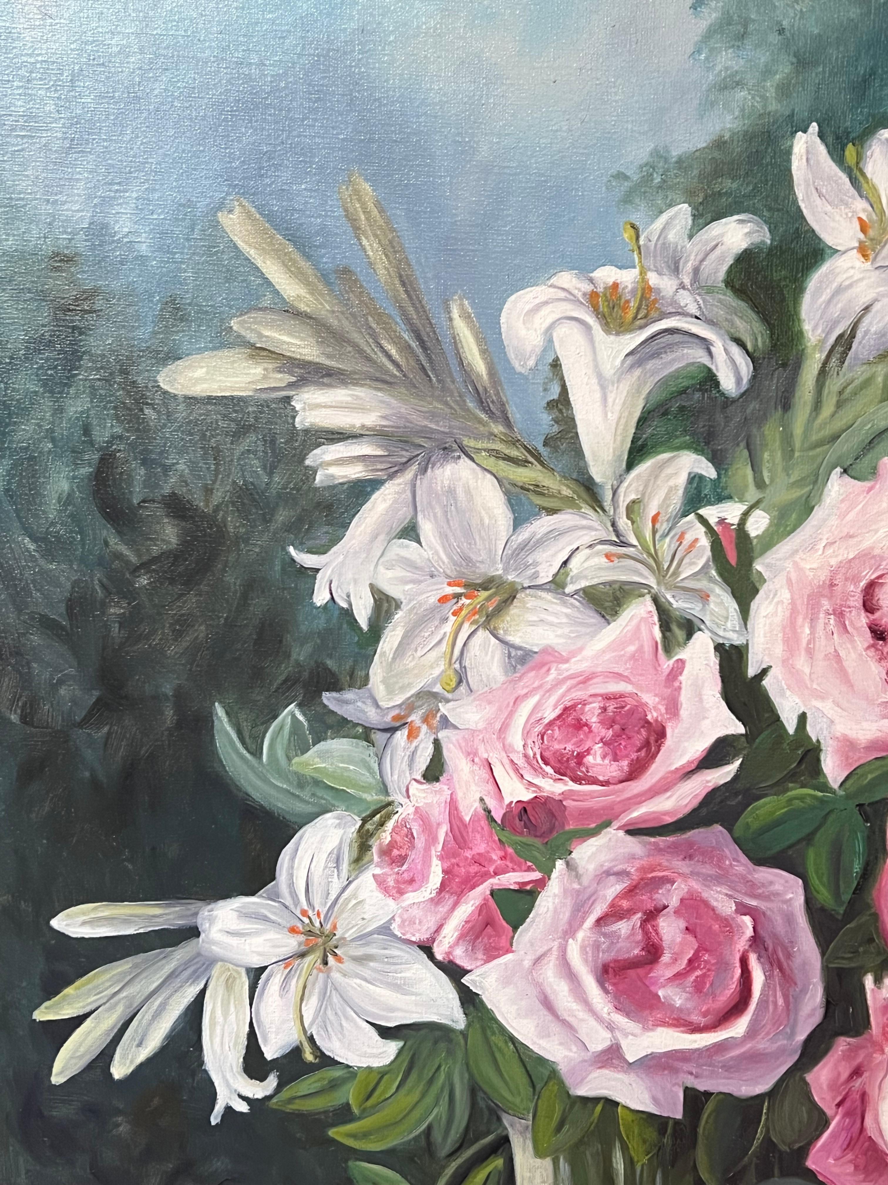 Roses & Lilies in Vase
by Annie Faure (French 1940-2021)
signed lower corner
oil painting on canvas, unframed
canvas size: 36 x 29 inches
condition: overall very good, minor surface scuffs from previous storage
provenance: from the artists family in
