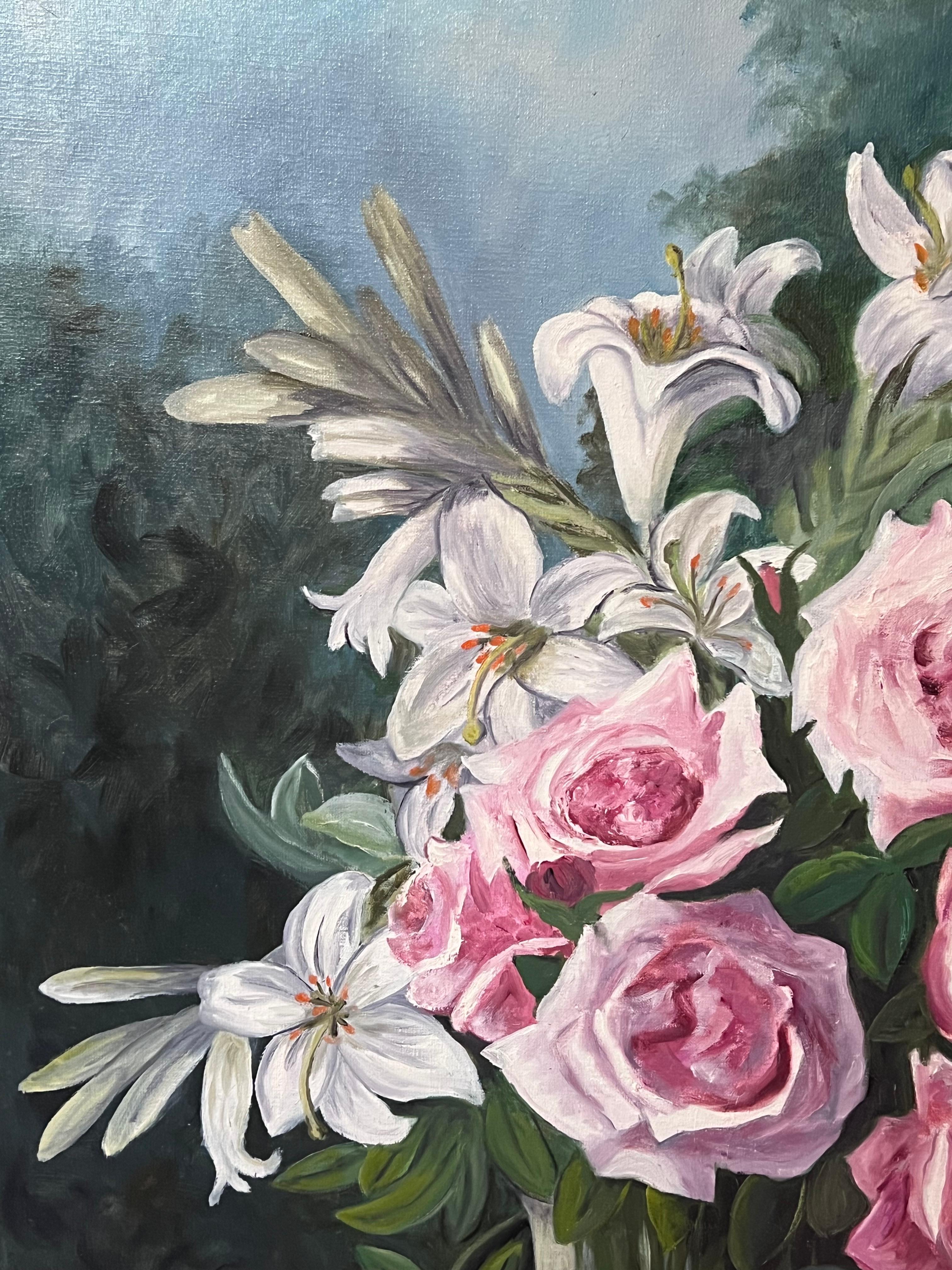 Pink Roses and Lilies In Glass Vase Still Life 20th Century French Oil Painting For Sale 1