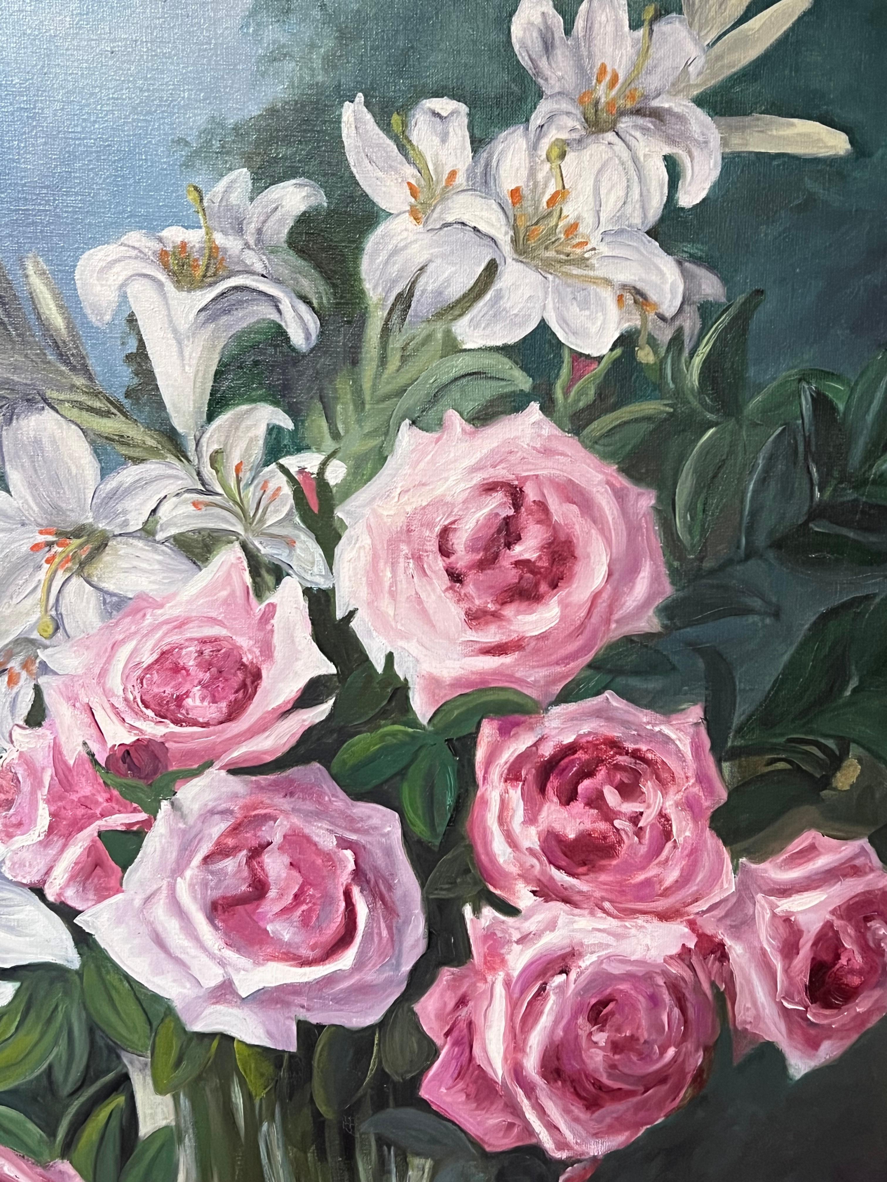 Pink Roses and Lilies In Glass Vase Still Life 20th Century French Oil Painting For Sale 2