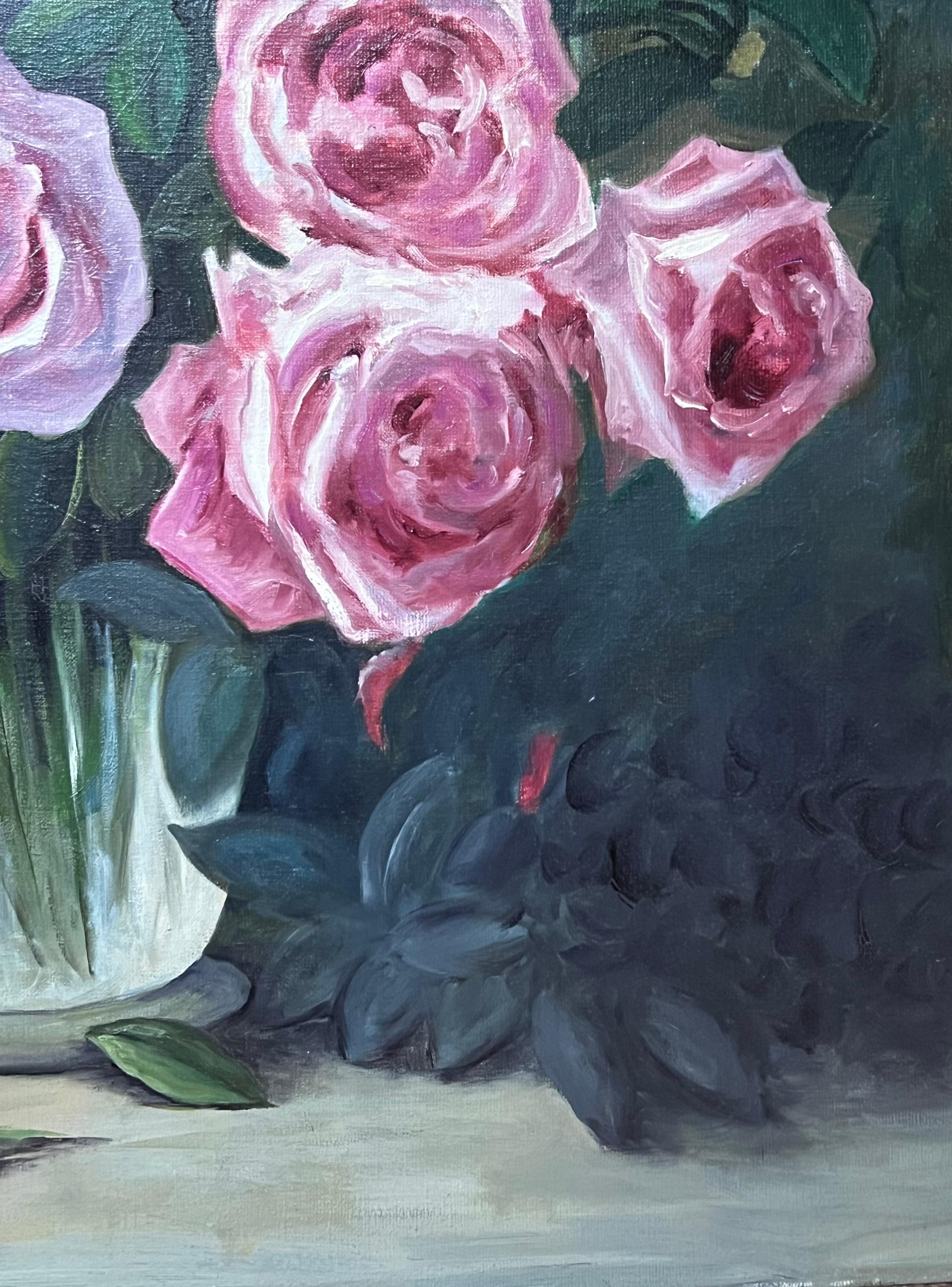 Pink Roses and Lilies In Glass Vase Still Life 20th Century French Oil Painting For Sale 3