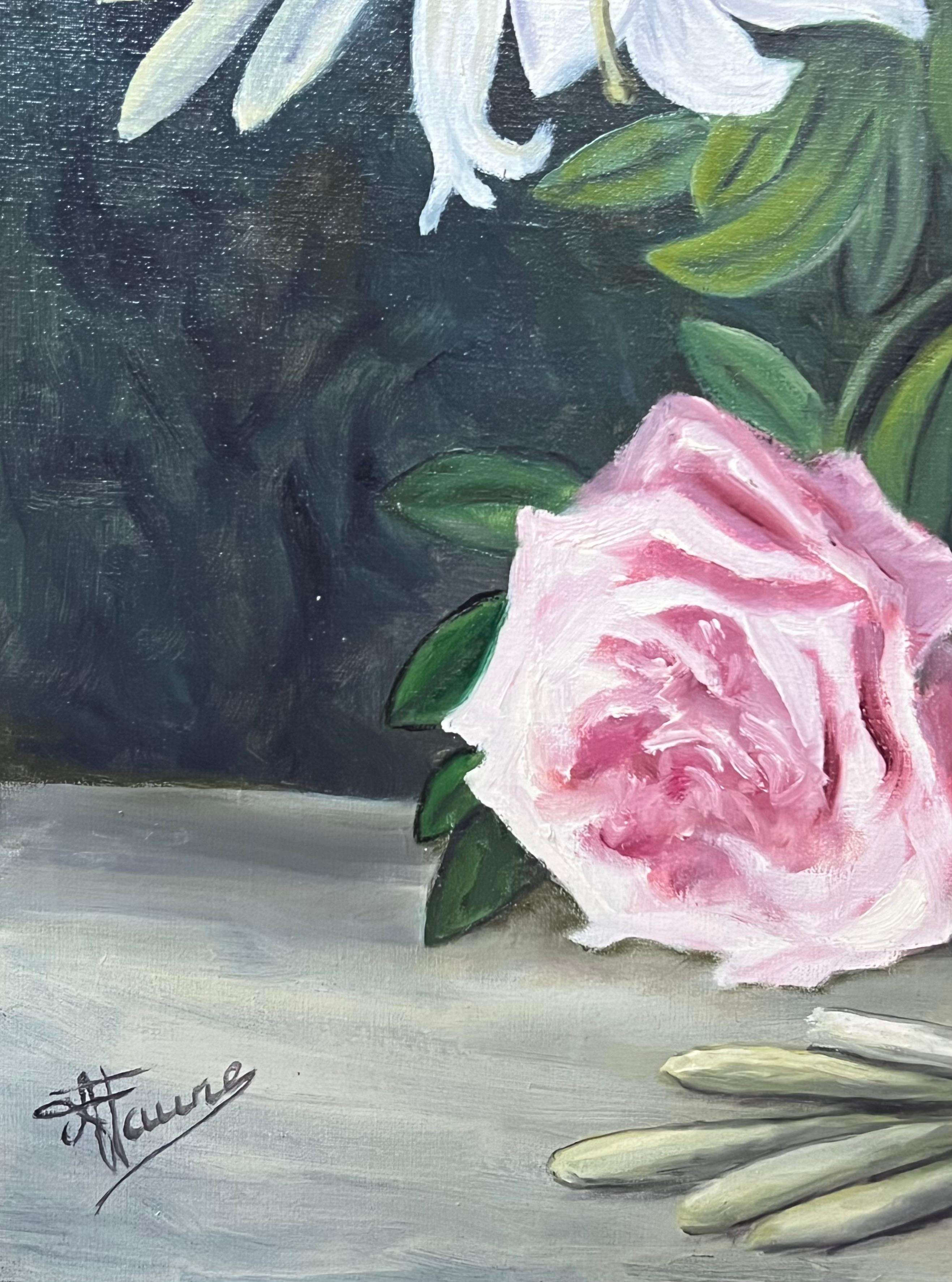 Pink Roses and Lilies In Glass Vase Still Life 20th Century French Oil Painting For Sale 4